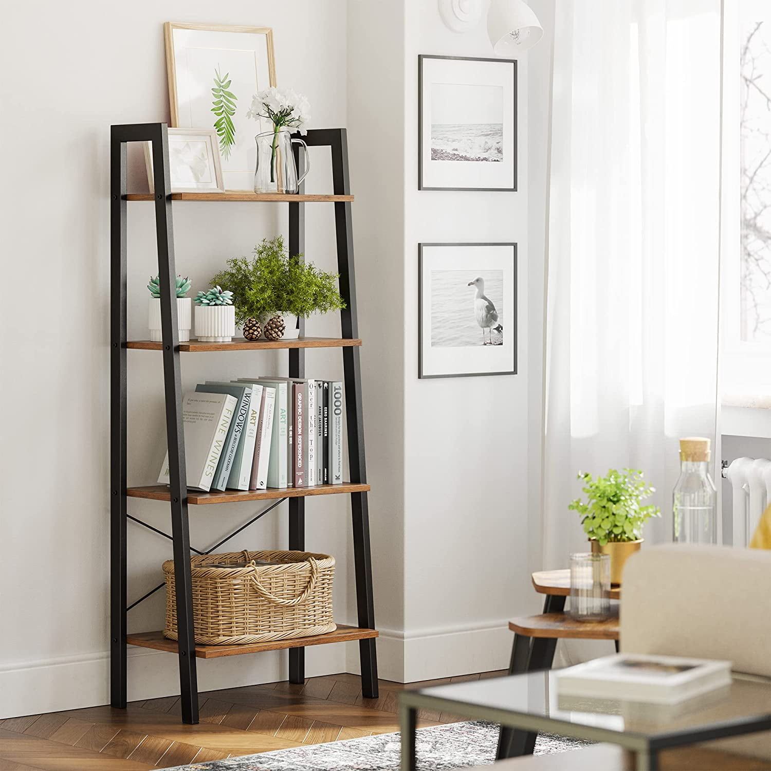 VASAGLE 4-Tier Black and Rustic Brown Ladder Bookshelf