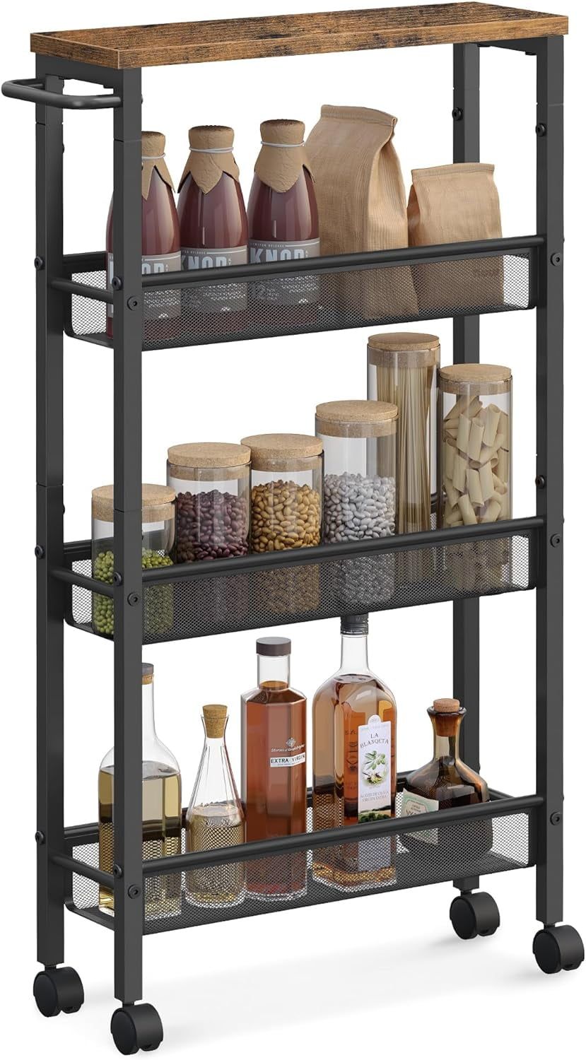 Rustic Brown and Black 4-Tier Metal Kitchen Cart with Storage