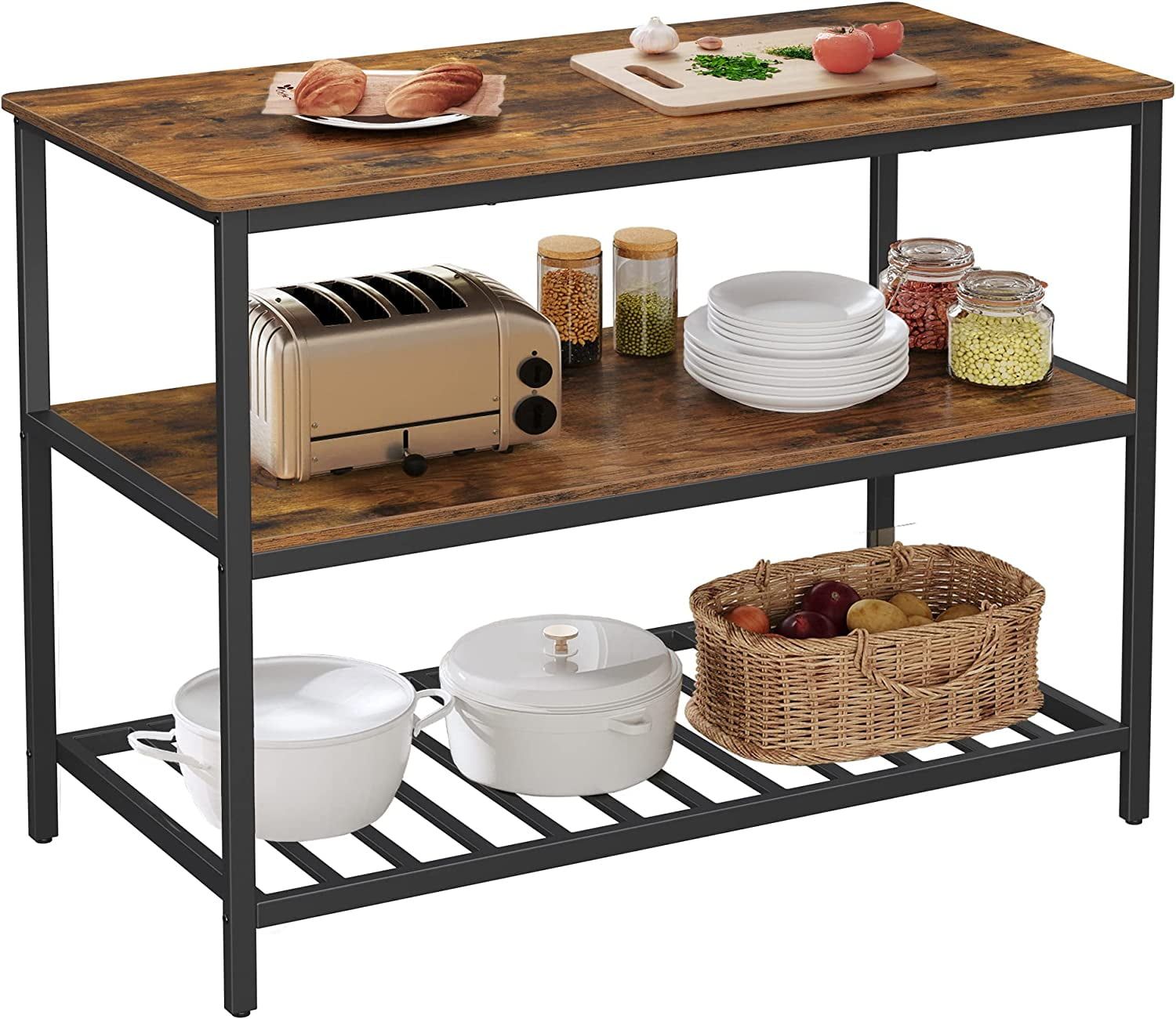 Rustic Brown and Black 3-Tier Kitchen Island with Shelves