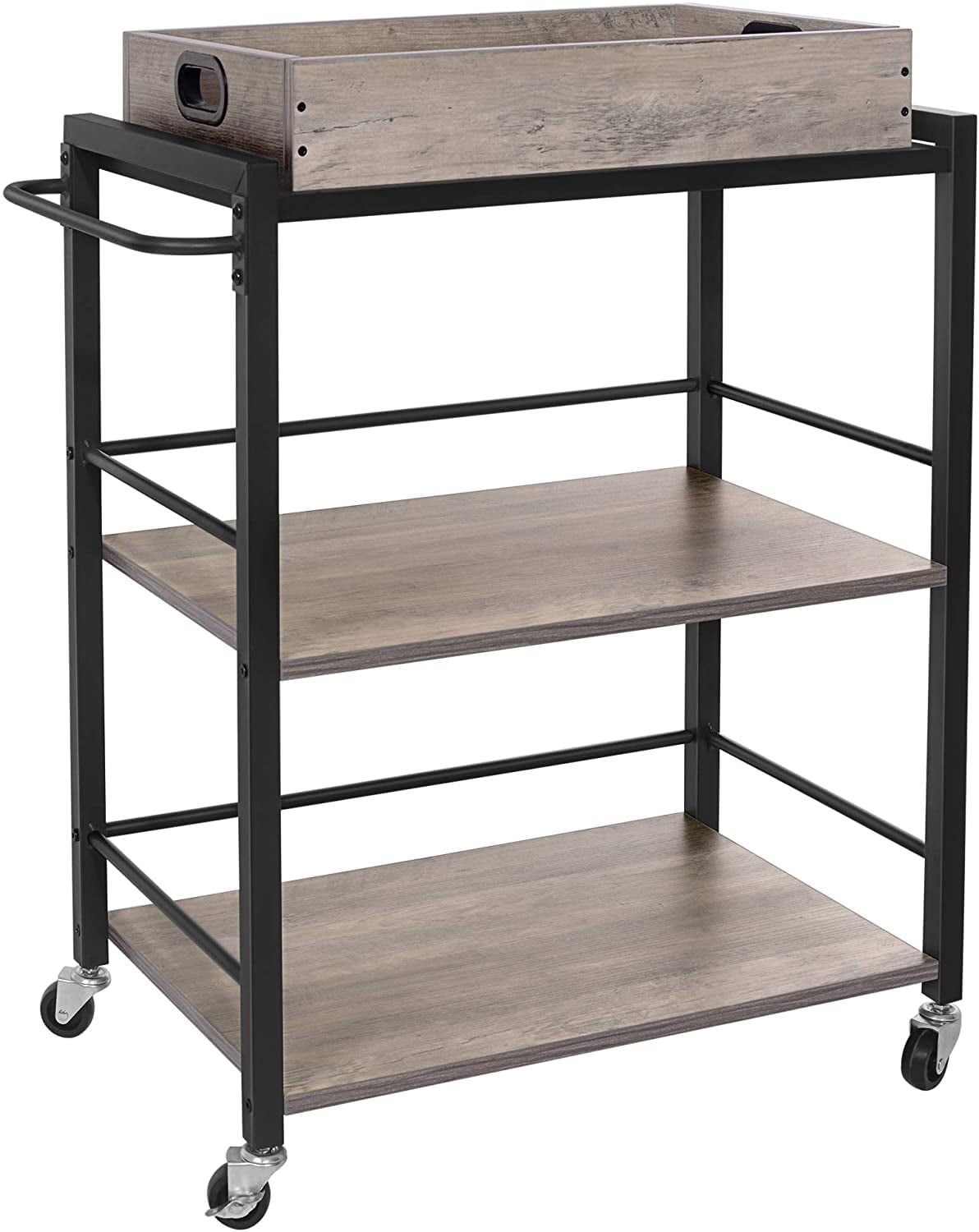 Industrial Greige and Black 3-Tier Kitchen Serving Cart with Storage