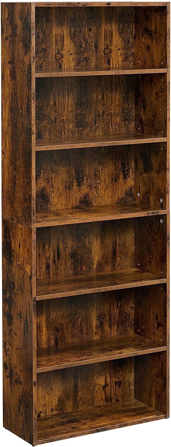 Adjustable 6-Tier Rustic Brown Particle Board Bookshelf