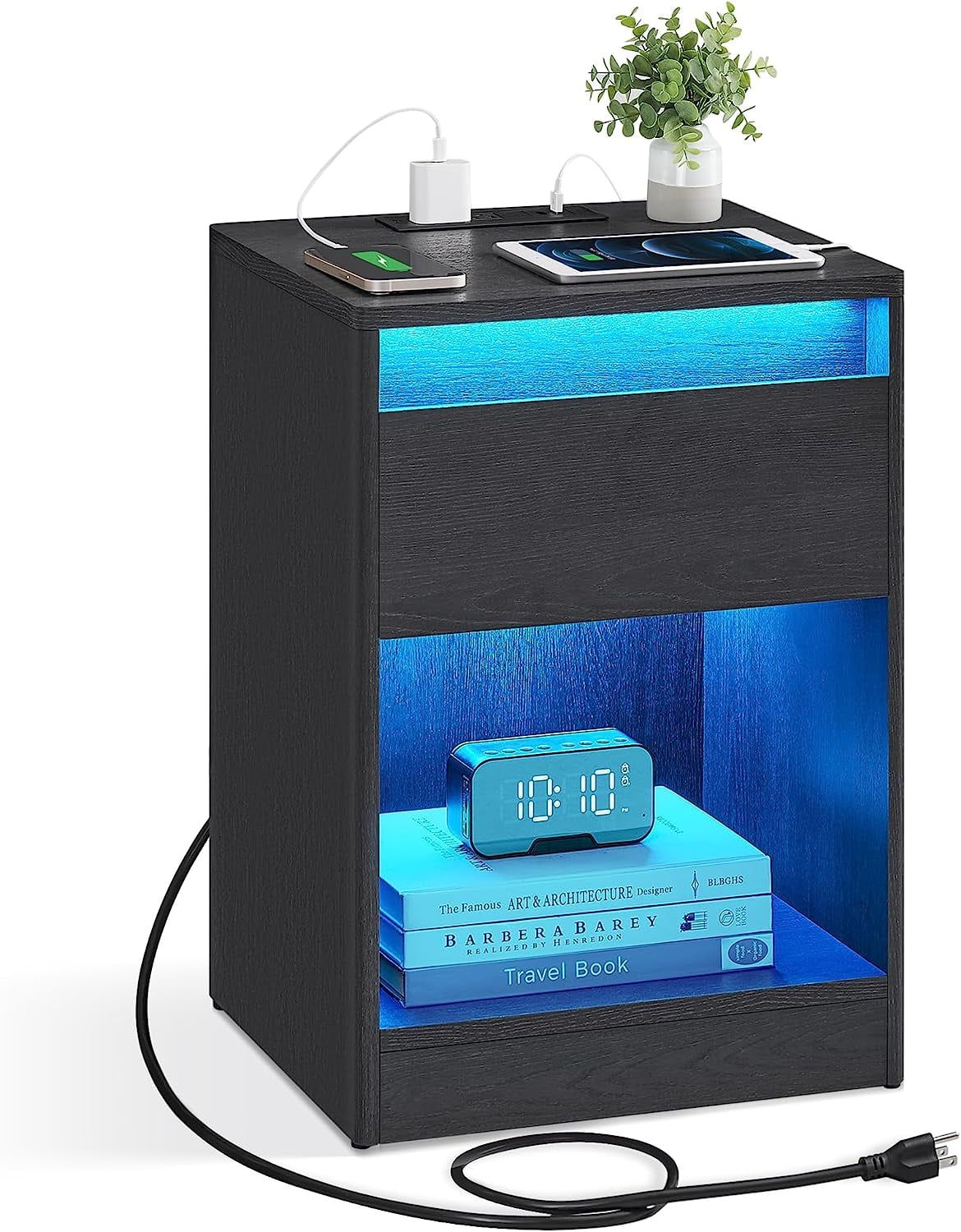 Black LED Nightstand with Charging Station and Drawer