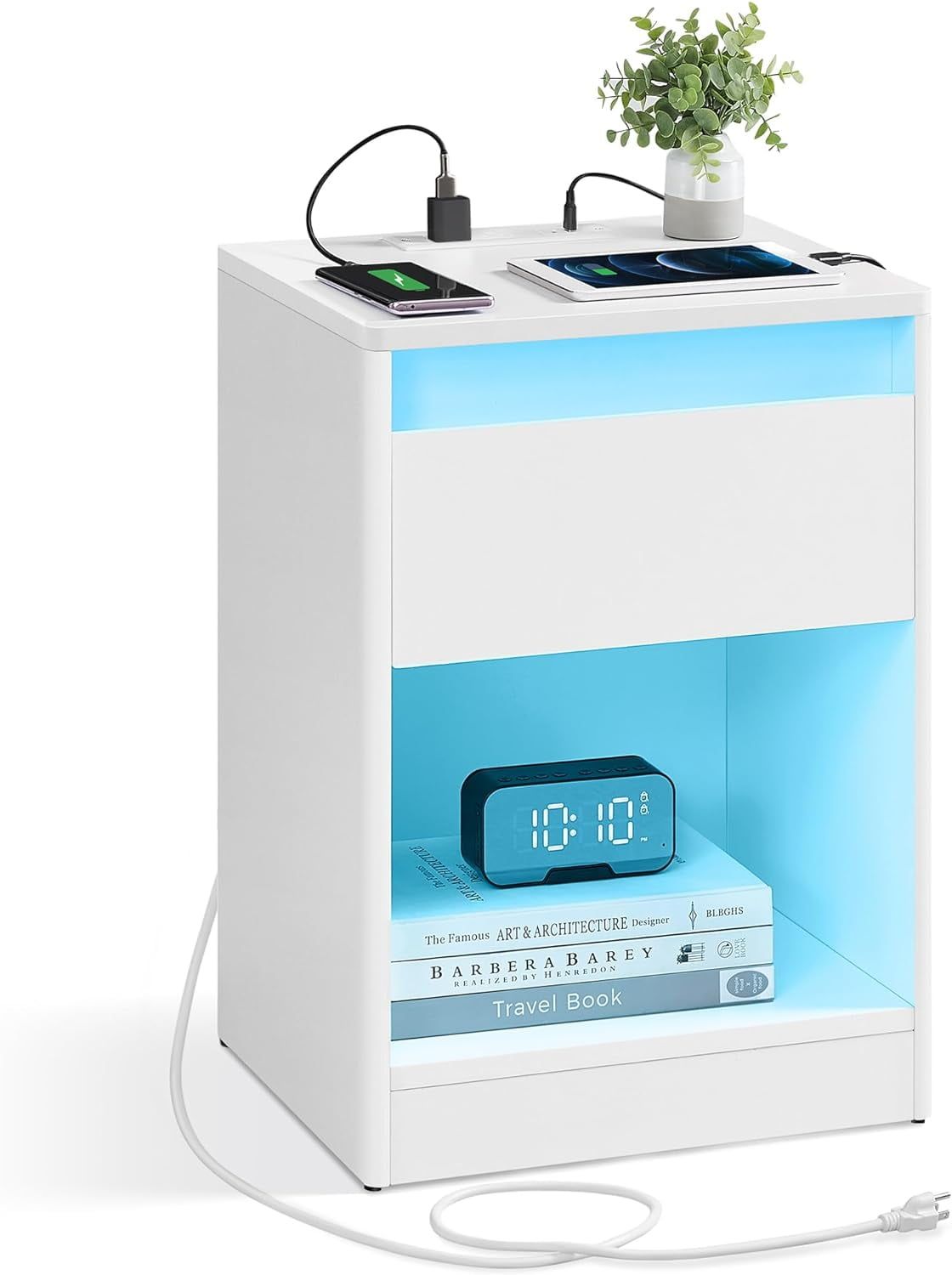 White Modern Nightstand with LED Lights and Charging Station