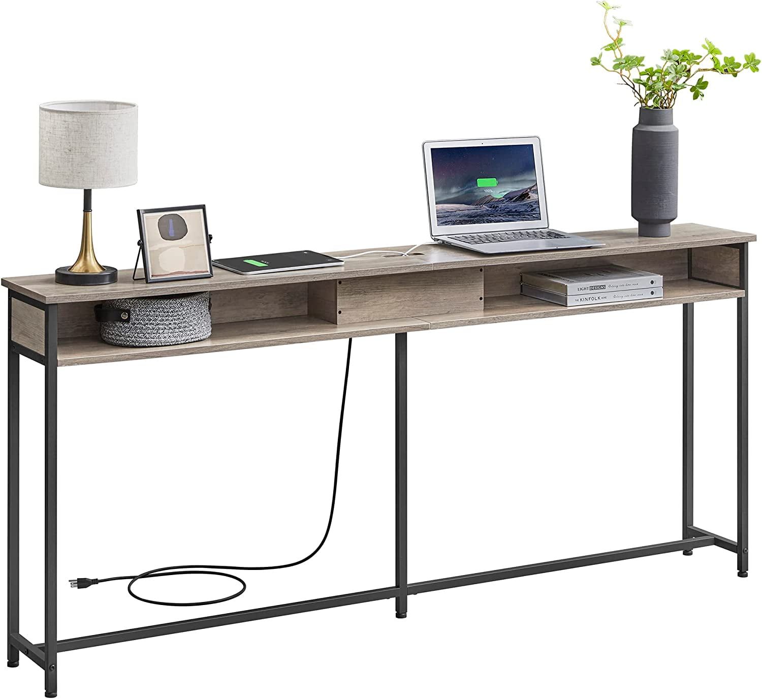 Greige and Black 70.9" Console Table with Storage and Charging Station