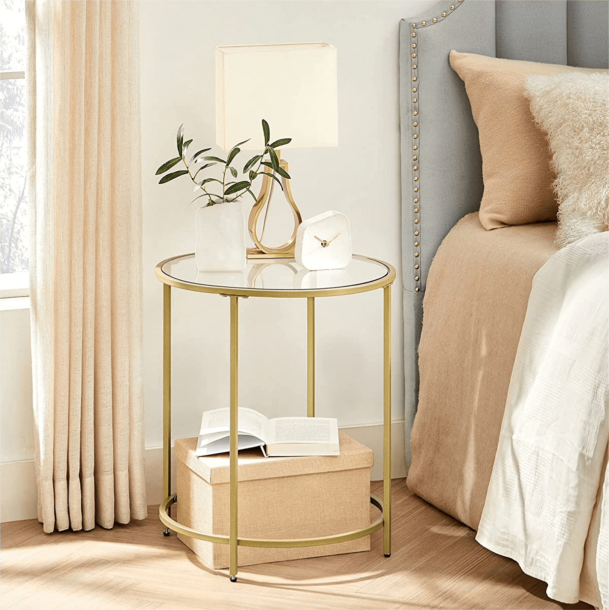 Gold Round Glass End Table with Metal Frame