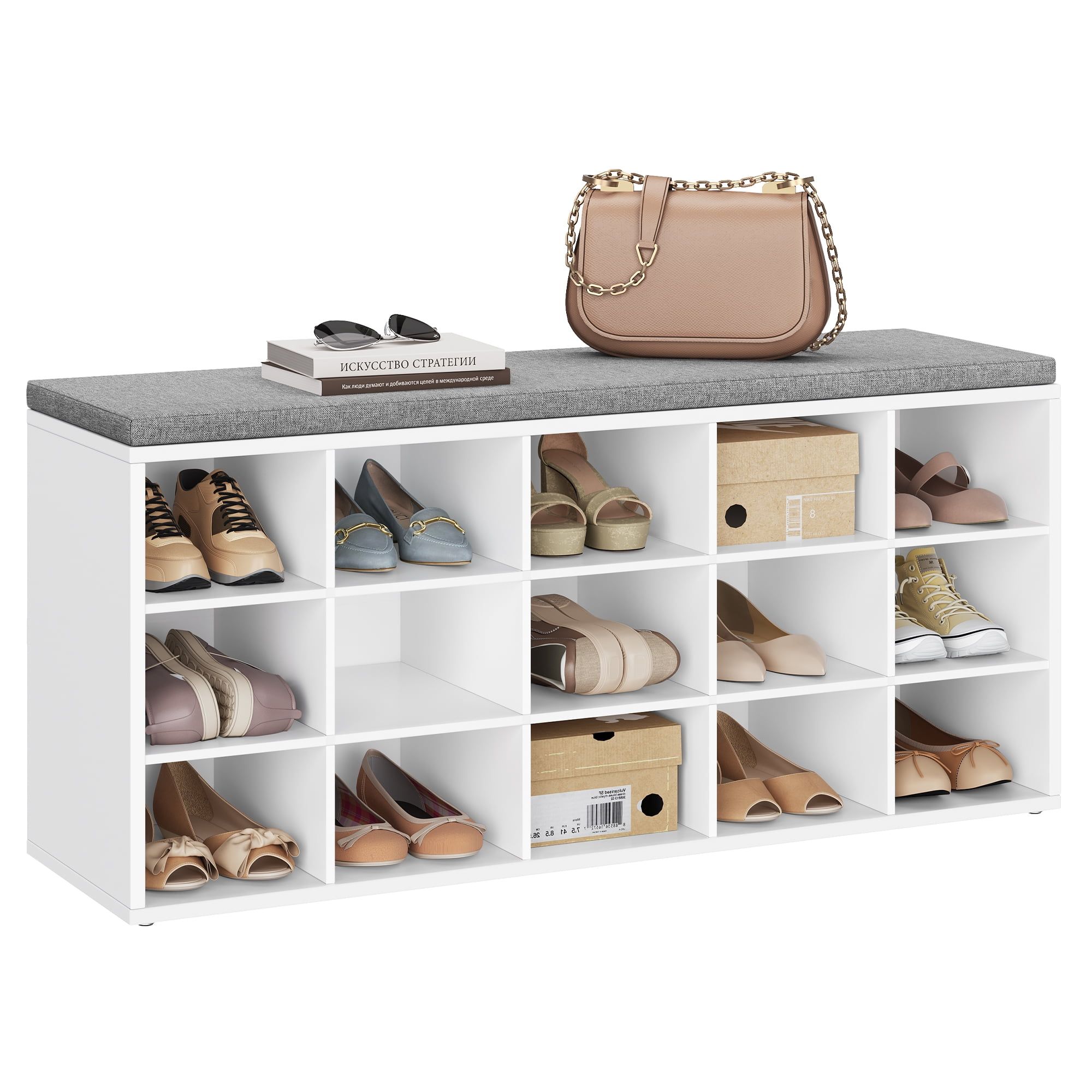 White and Gray Particleboard Shoe Storage Bench with Cushion