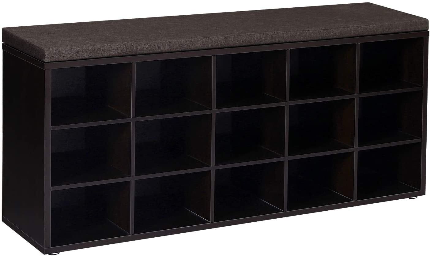 Espresso Brown 15-Cubby Shoe Storage Bench with Cushion