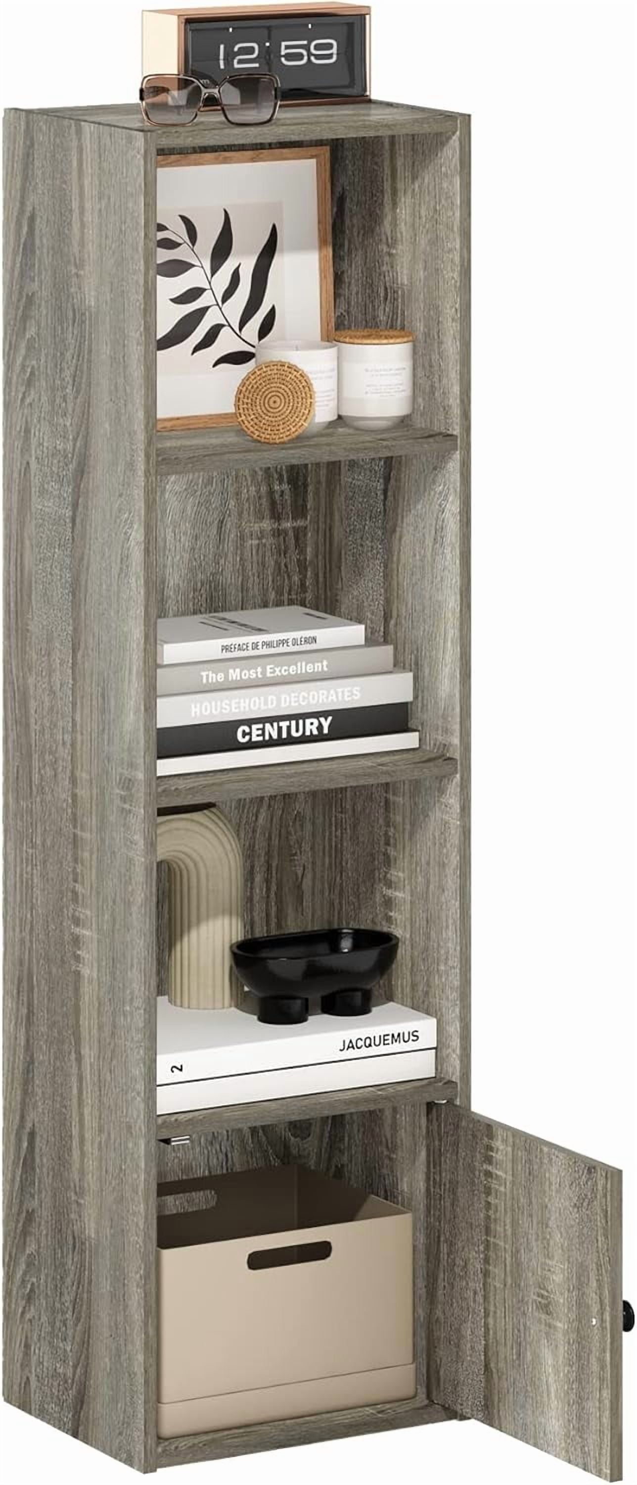 Compact Gray Wood 4-Tier Bookcase with Door