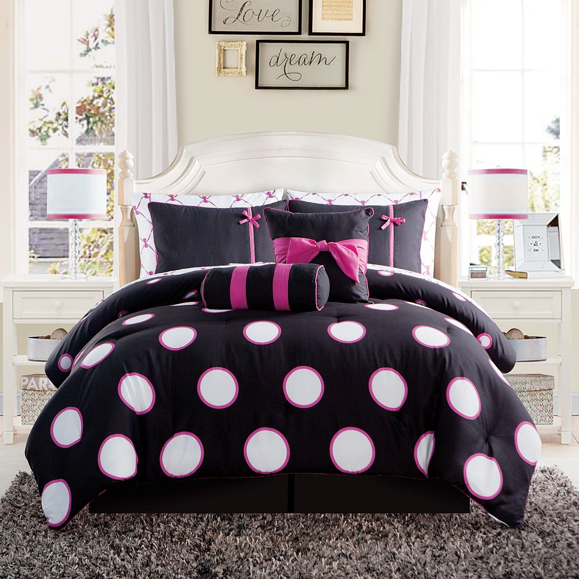 Twin Black and Pink Microfiber Polka Dot Bed in a Bag Set