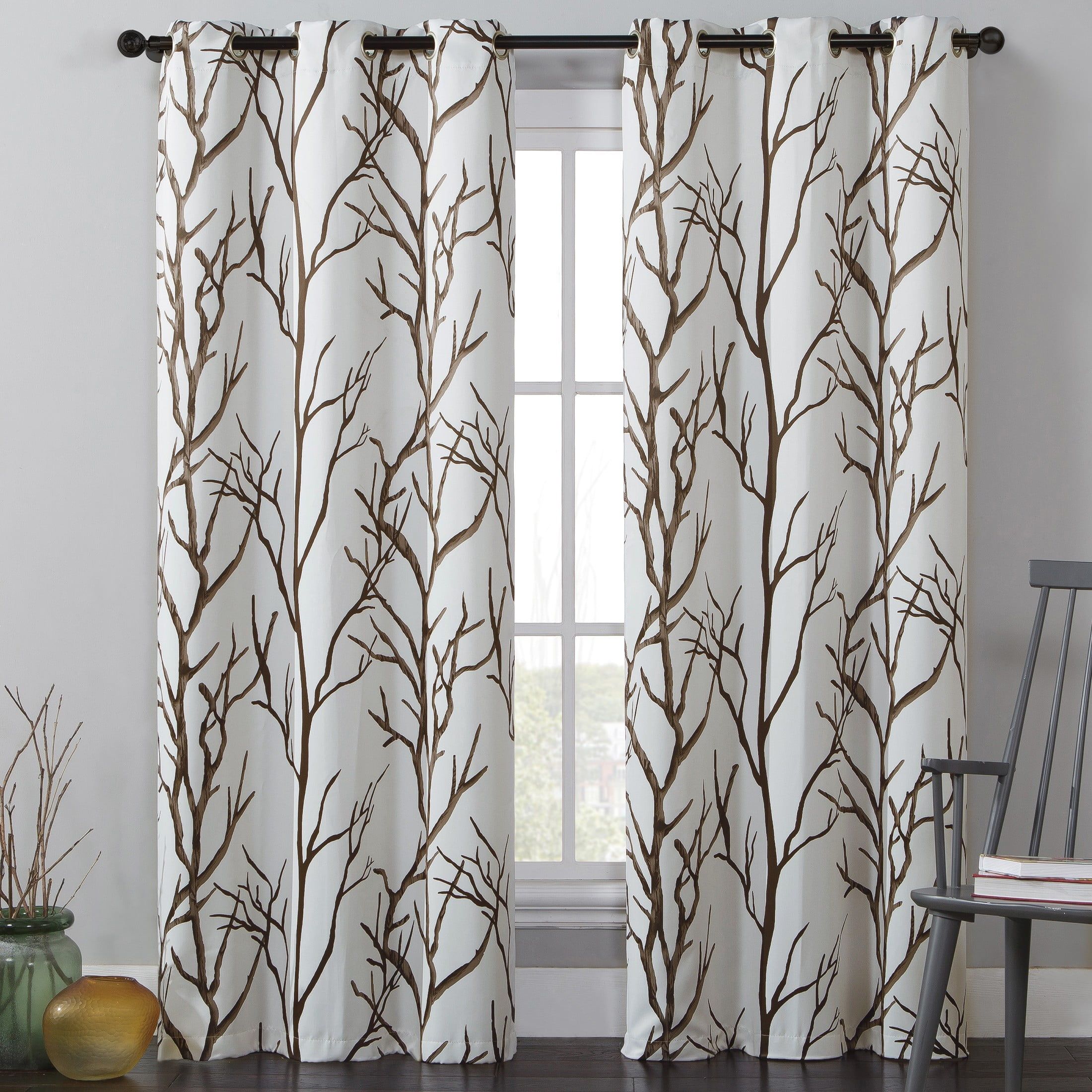 Beige Branch Print Blackout Curtain Panel with Grommets, 40" x 84"