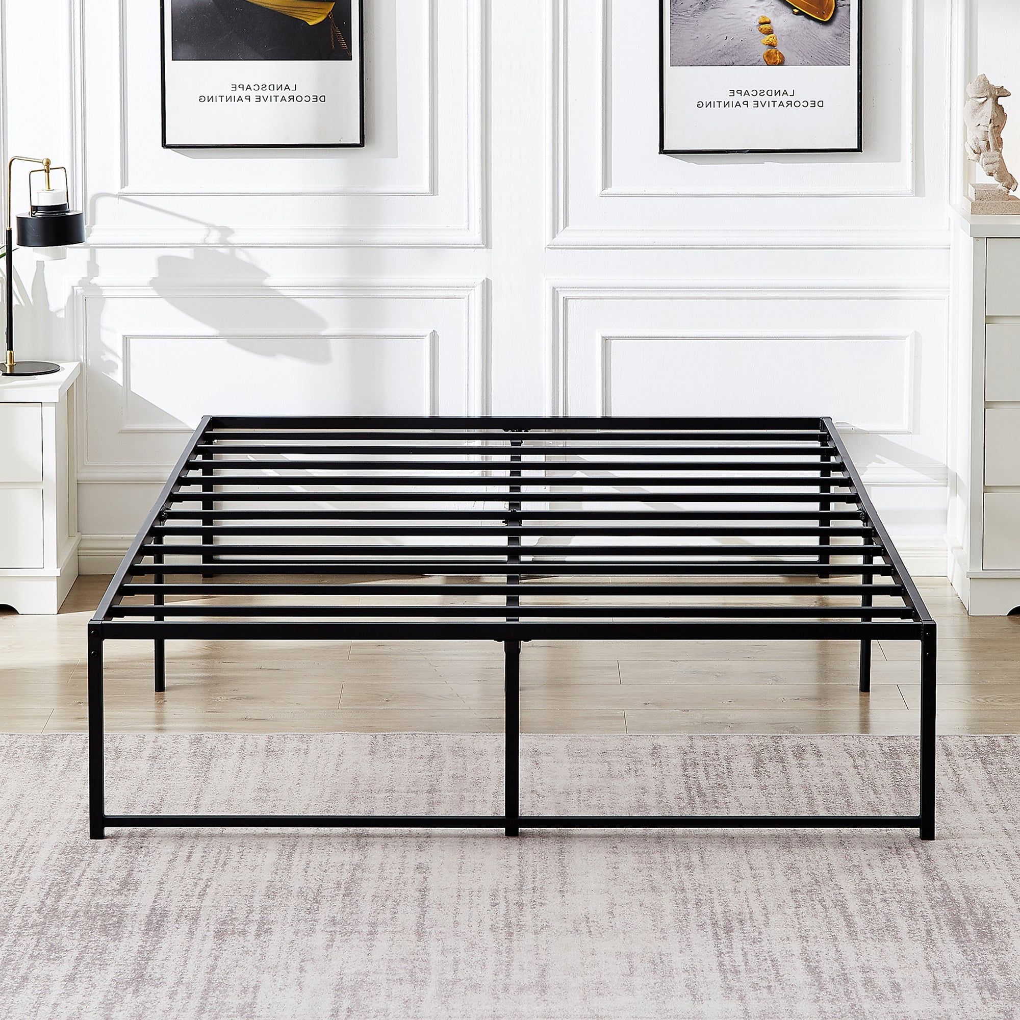 16-Inch Black Metal Queen Platform Bed Frame with Slats