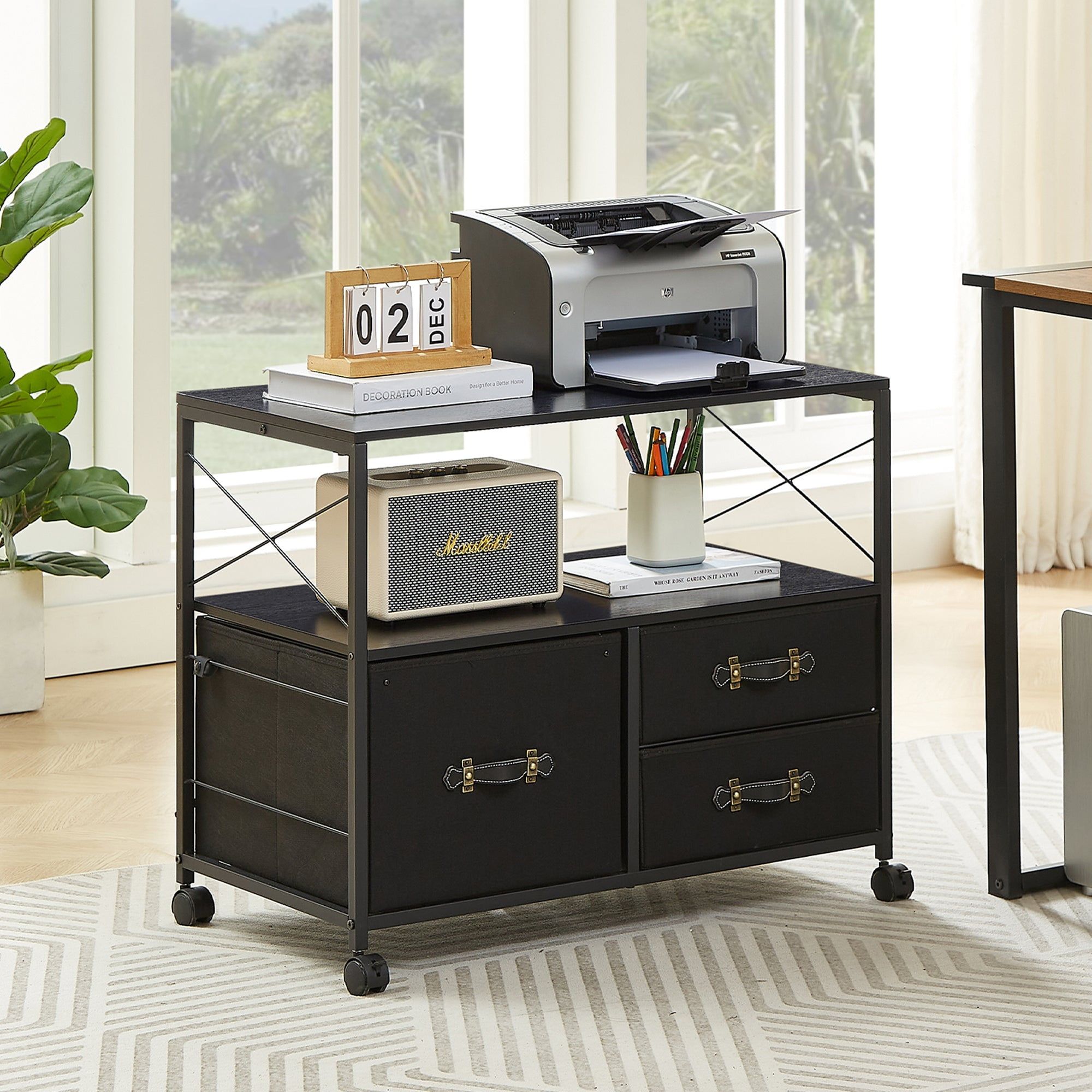 Black Fabric 3-Drawer Mobile Filing Cabinet with Open Shelf