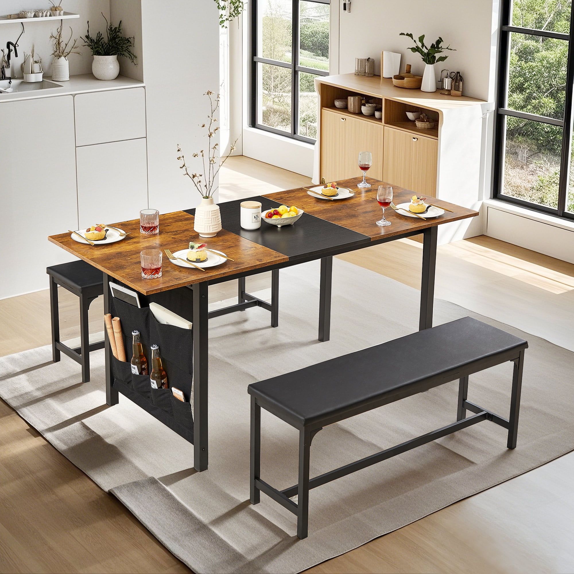 63'' Brown Extendable Dining Table Set with Black Metal Frame and Benches