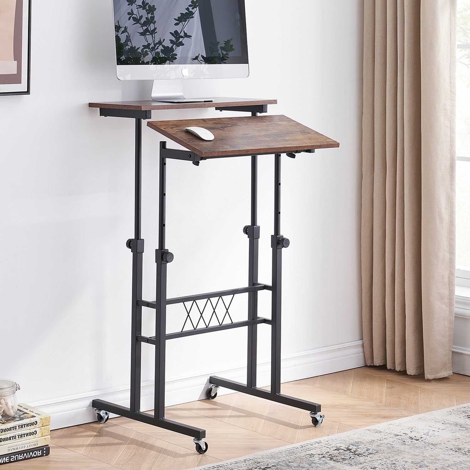 Brown Adjustable Height Standing Computer Desk with Shelves