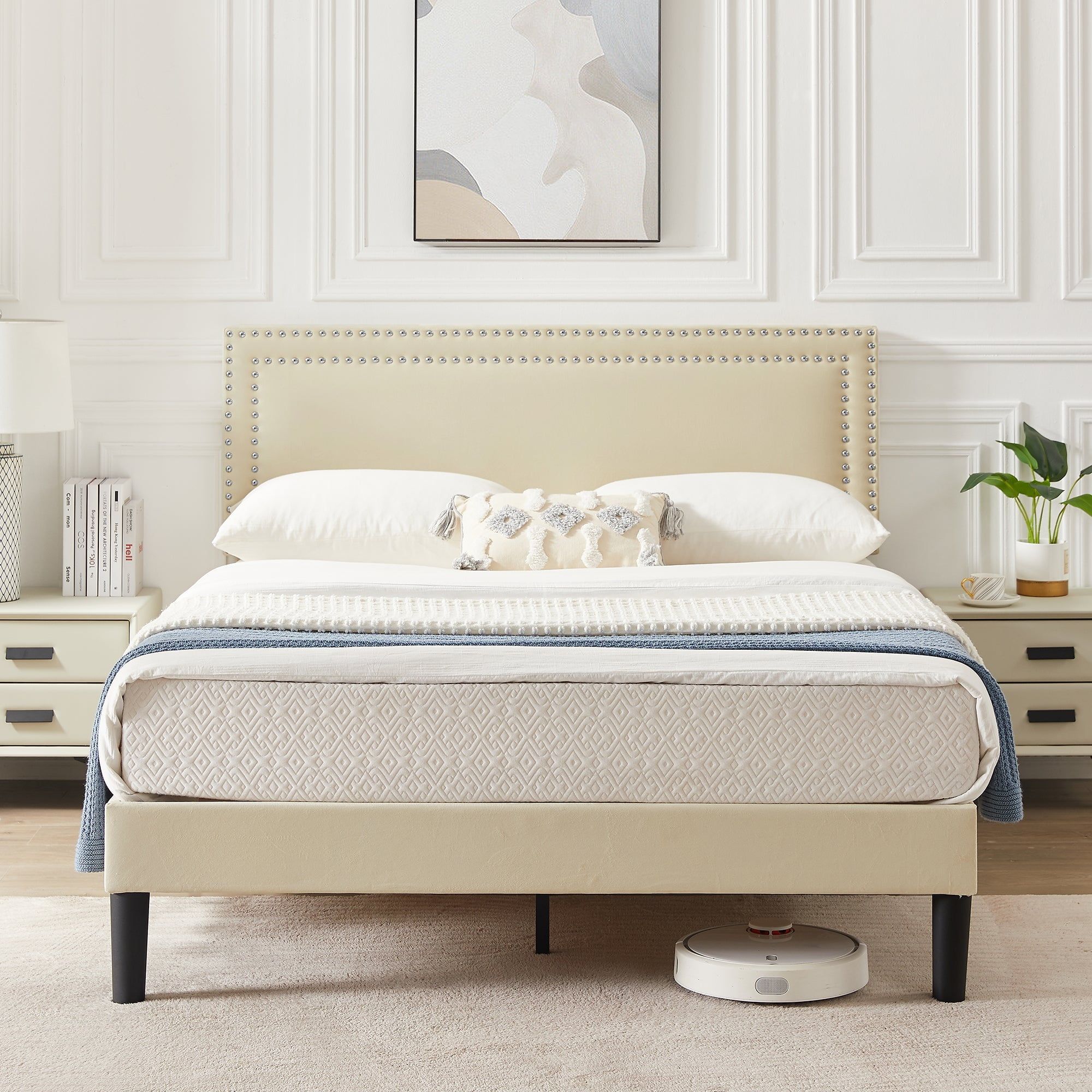 Beige Velvet Upholstered Queen Platform Bed with Tufted Headboard