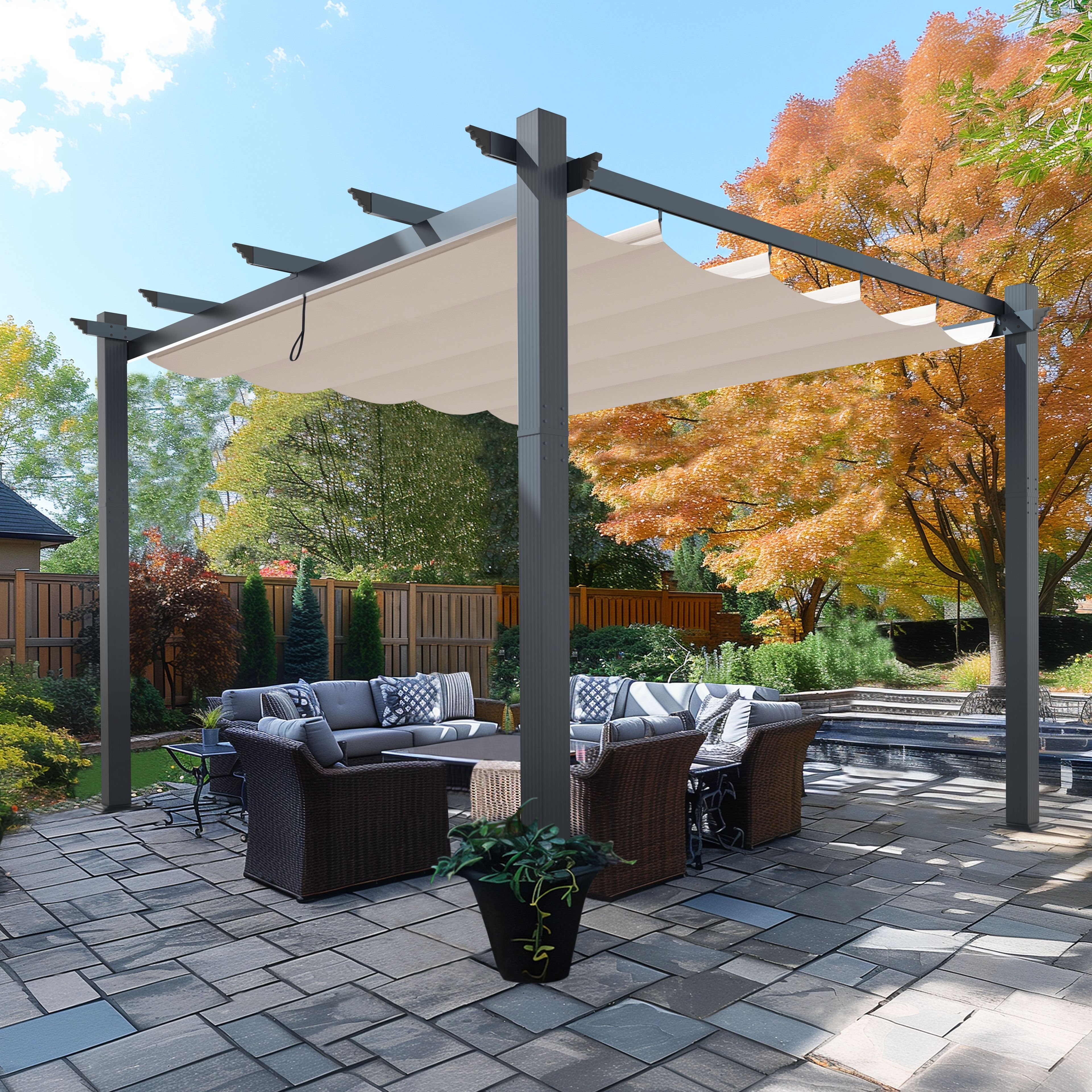 Beige Aluminum Pergola with Retractable Canopy, 10' x 13'