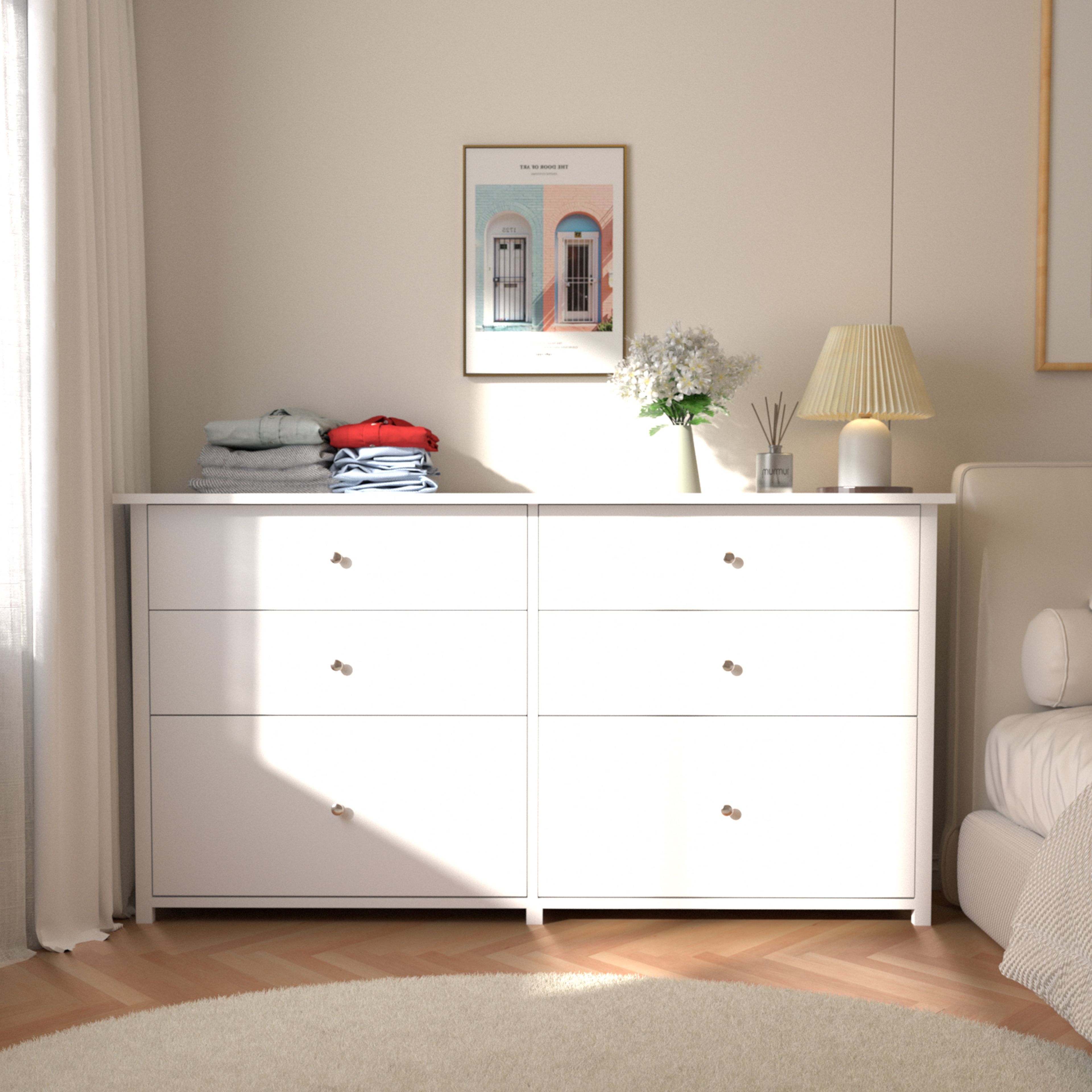 White 6-Drawer 56" Particle Board Dresser with Metal Knobs