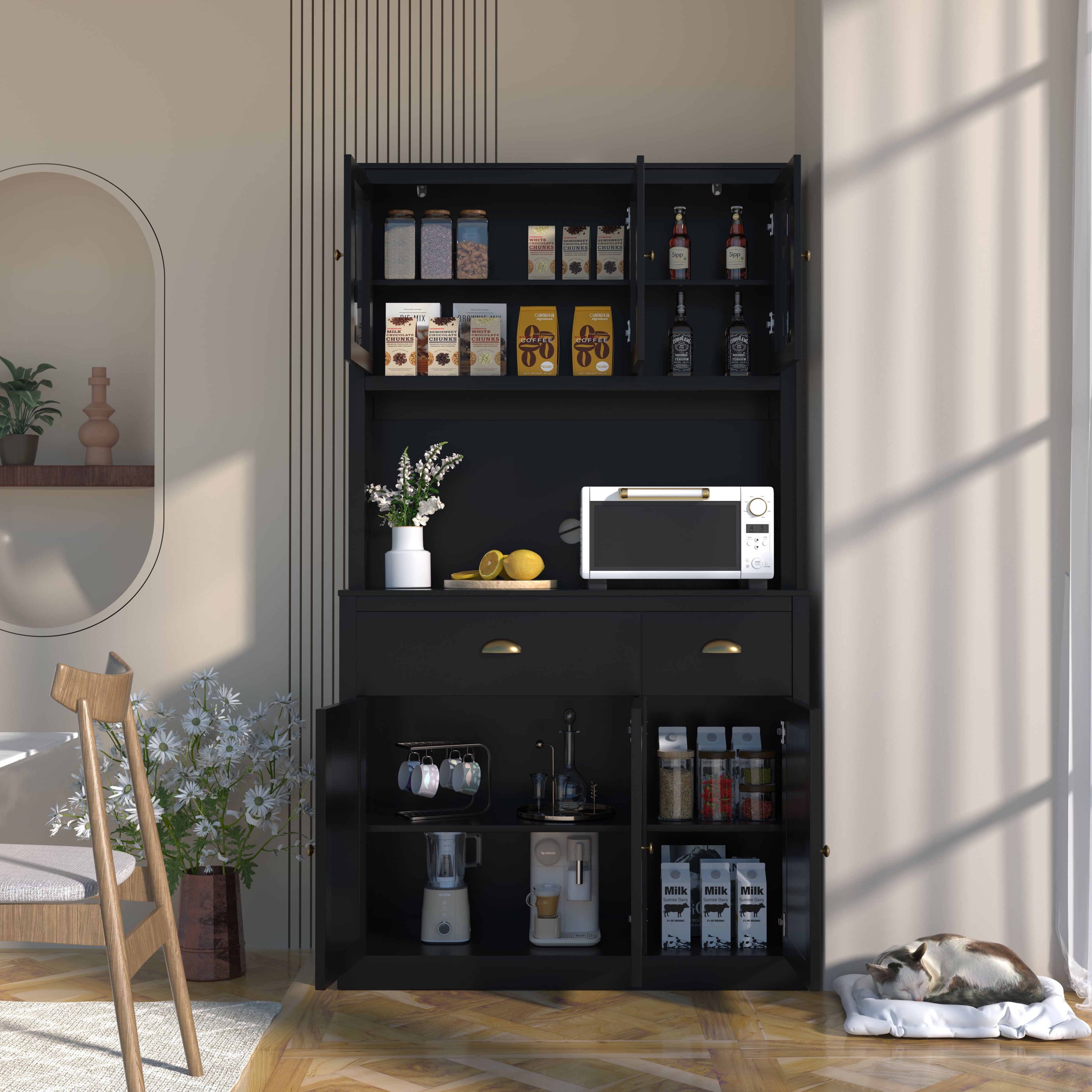 Black MDF Kitchen Pantry Storage Cabinet with Adjustable Shelves