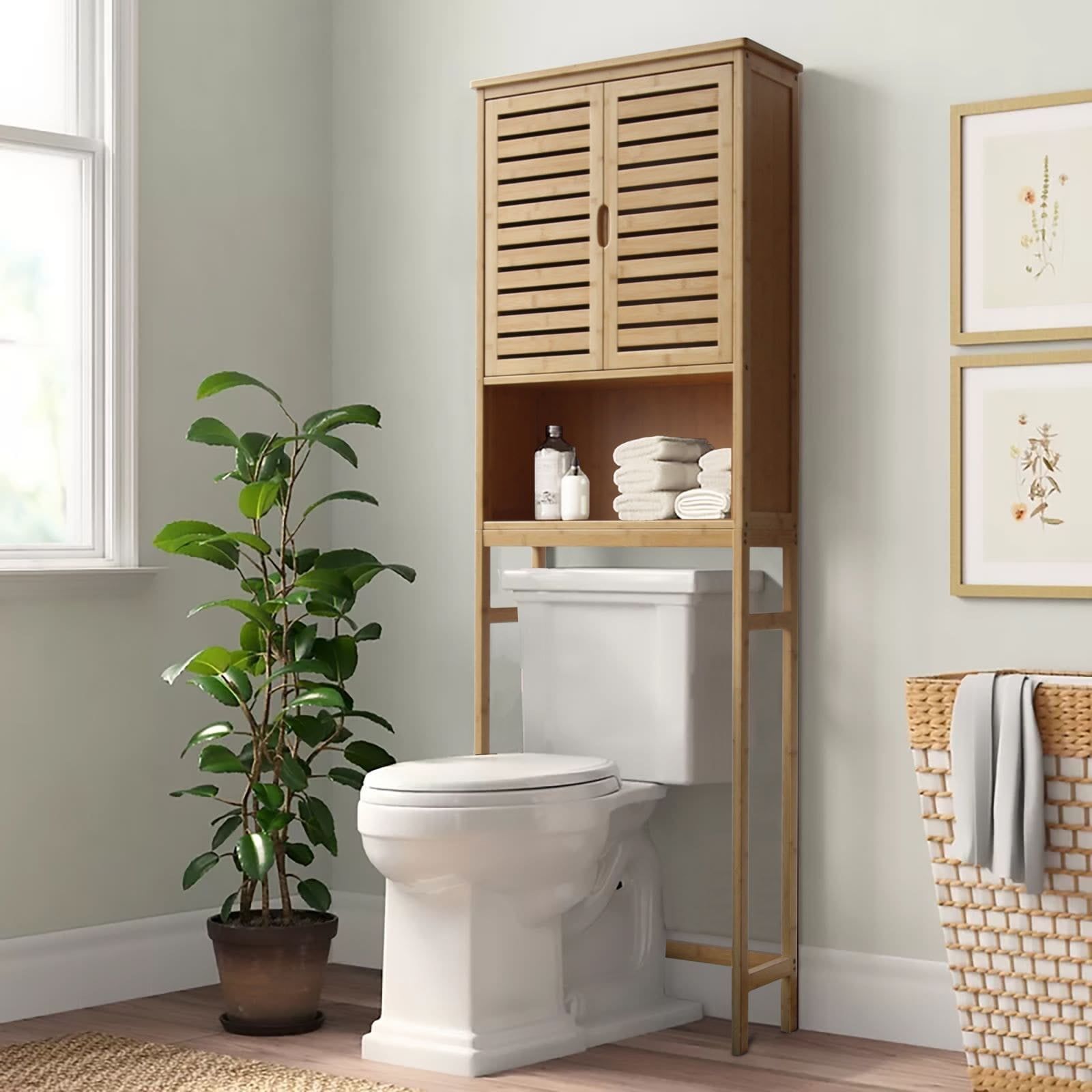 Natural Bamboo Over-the-Toilet Storage Cabinet with Adjustable Shelves