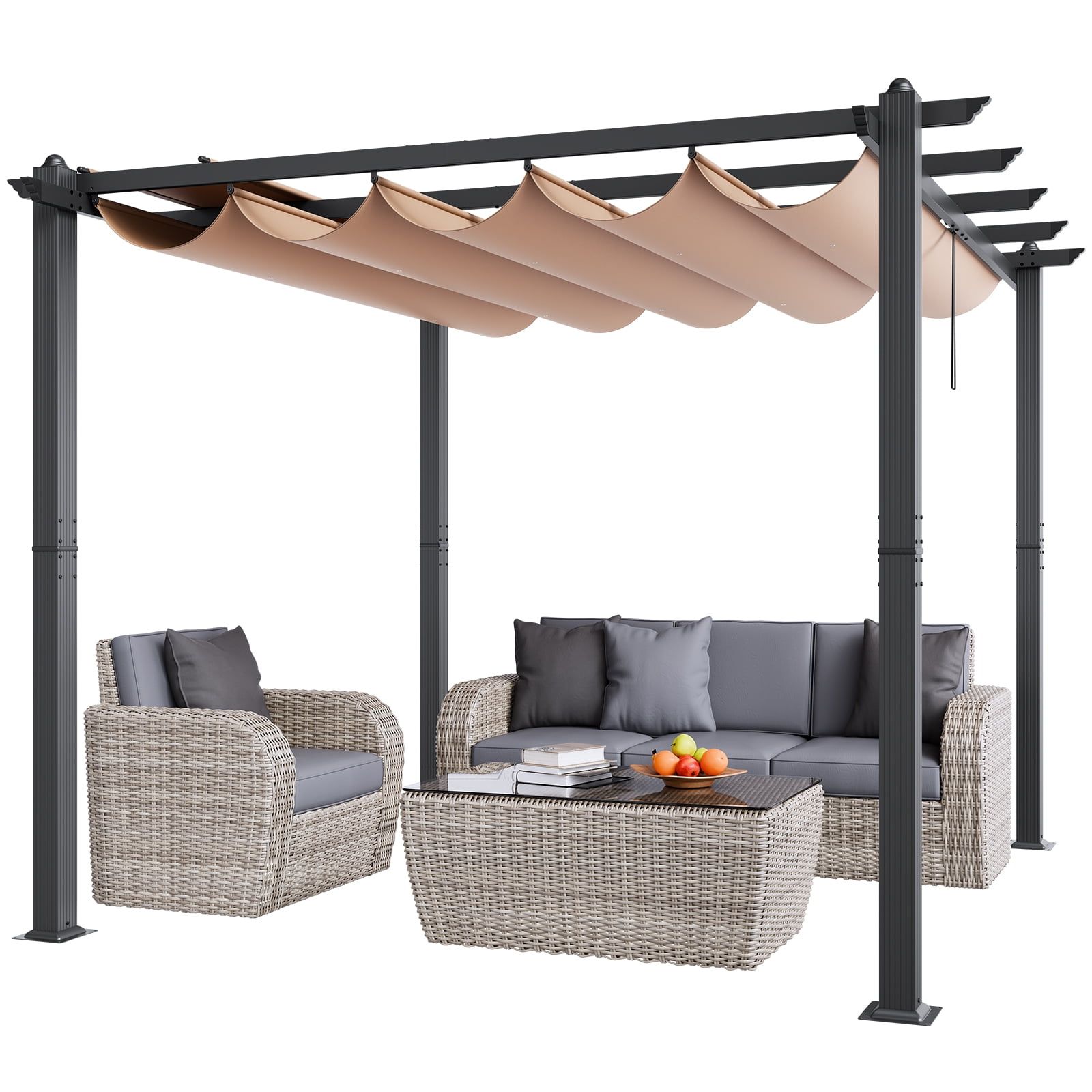Beige Aluminum 10'x10' Retractable Pergola with Canopy