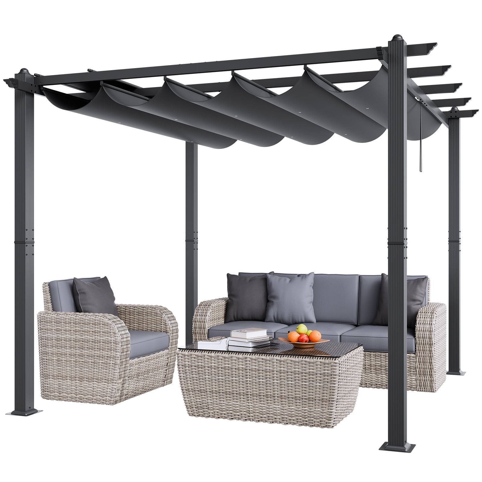 Gray Aluminum Outdoor Pergola with Retractable Canopy