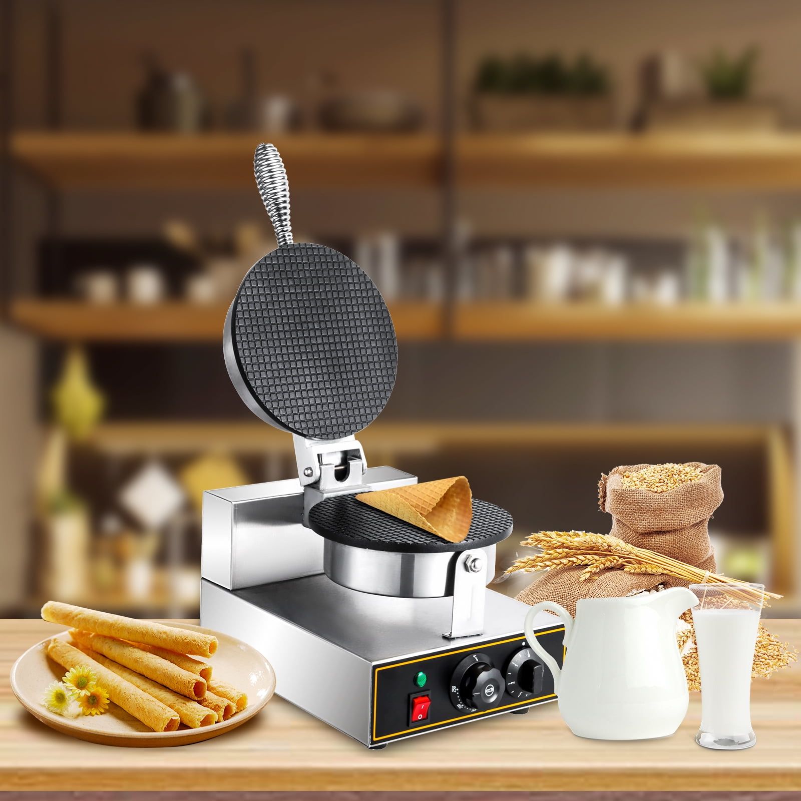 Stainless Steel Nonstick Commercial Waffle Cone Maker with Timer