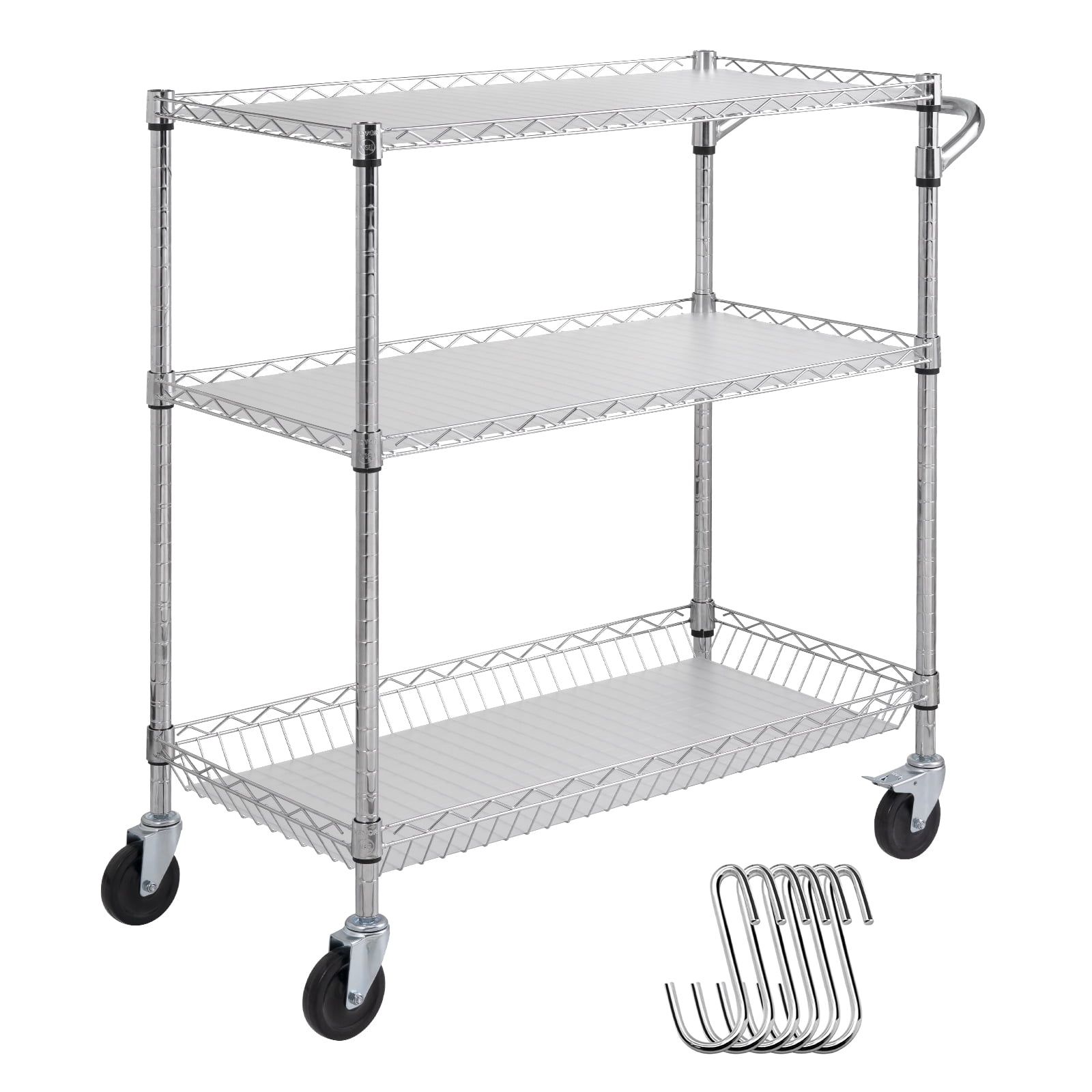 VEVOR 3-Tier Stainless Steel Utility Cart with Wheels and Hooks