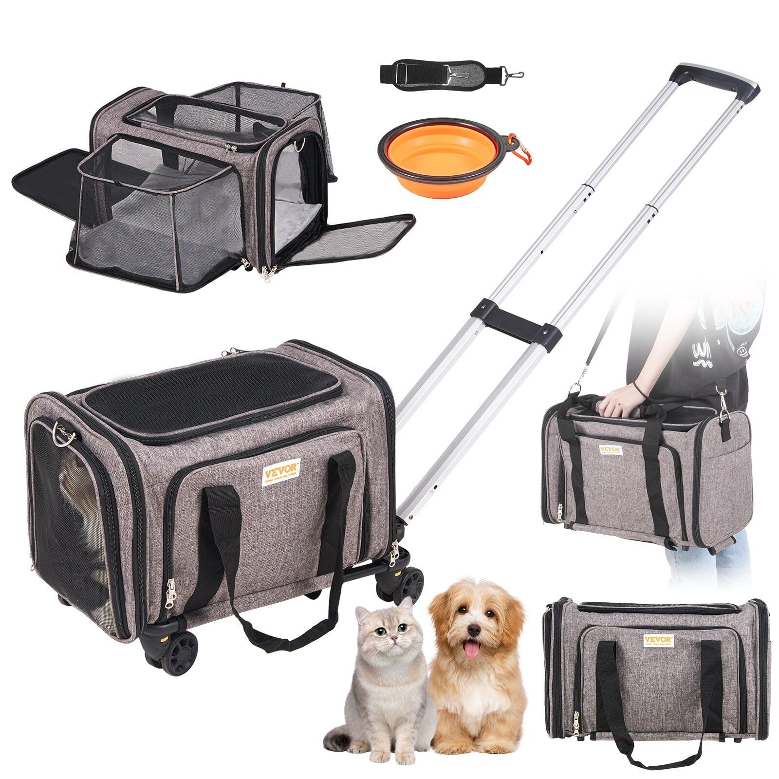 Large Gray Soft-Sided Rolling Pet Carrier with Telescopic Handle