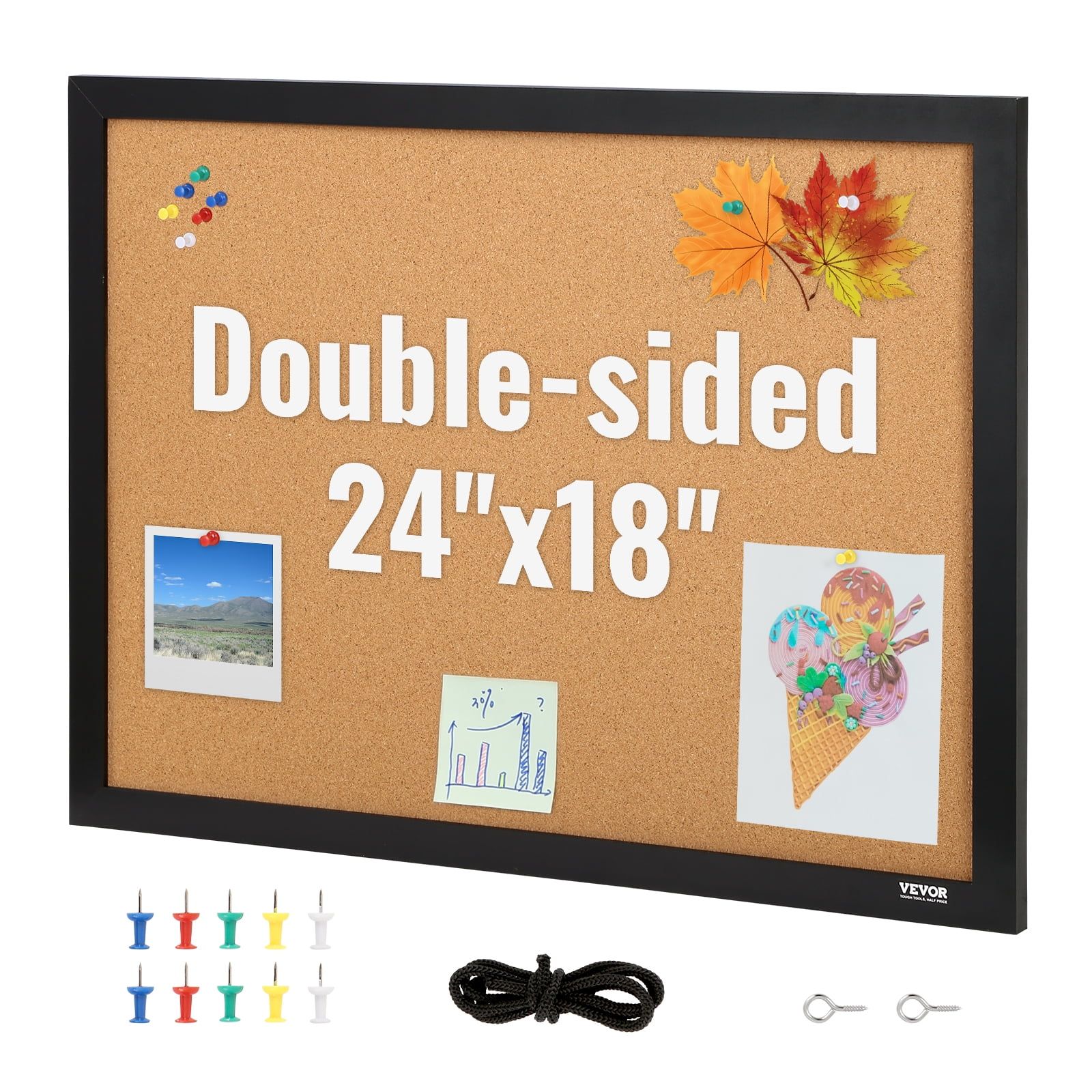 Double-Sided Natural Cork Memo Board with Black Plastic Frame, 24" x 18"