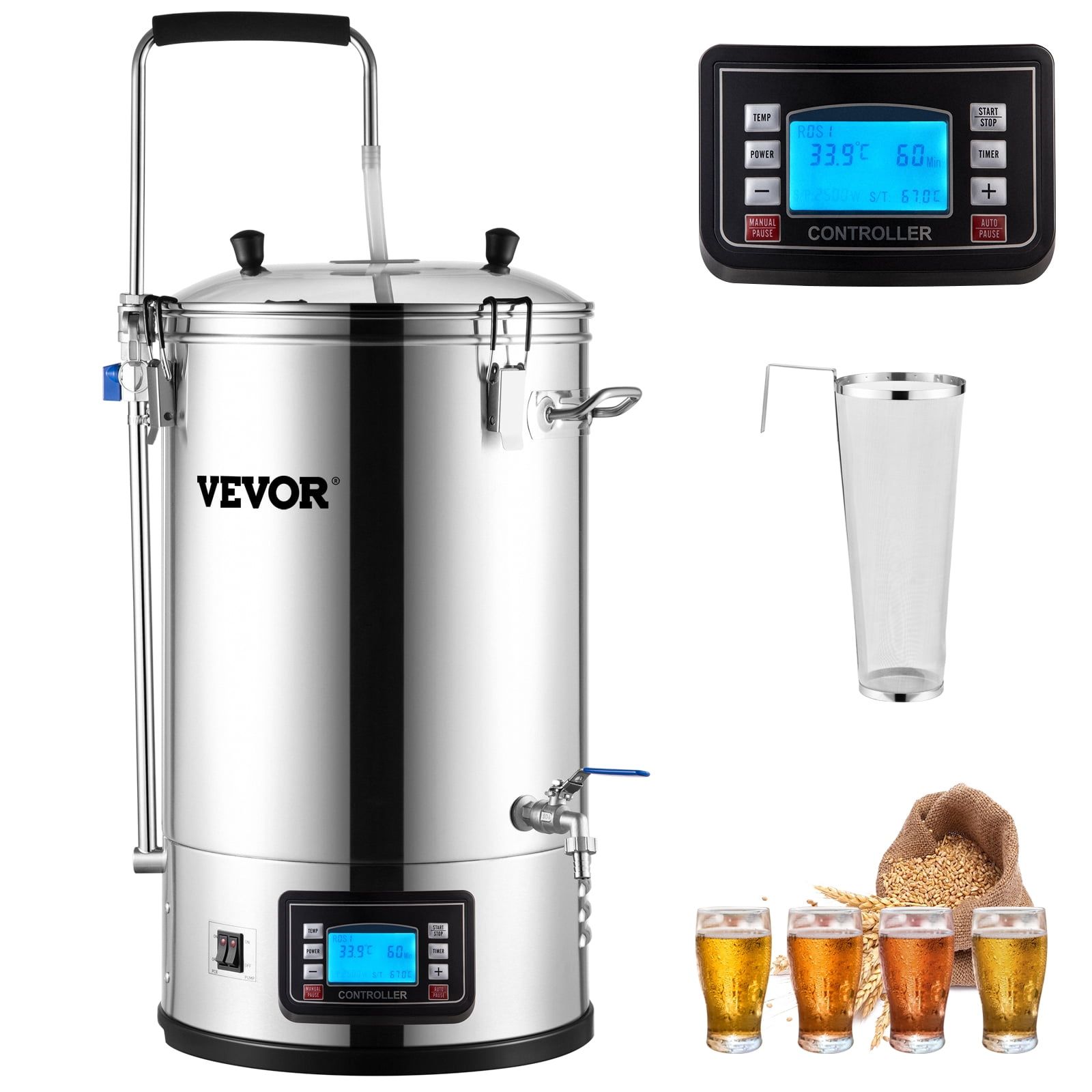 VEVOR 9.2 Gal Stainless Steel Electric Brewing System with LCD Panel