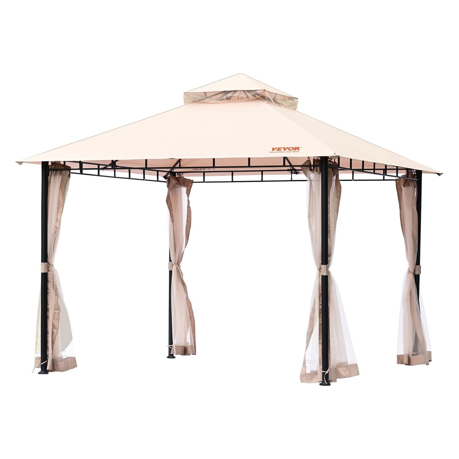 Beige Polyester 10x10 ft Patio Gazebo with Mosquito Net and Metal Frame