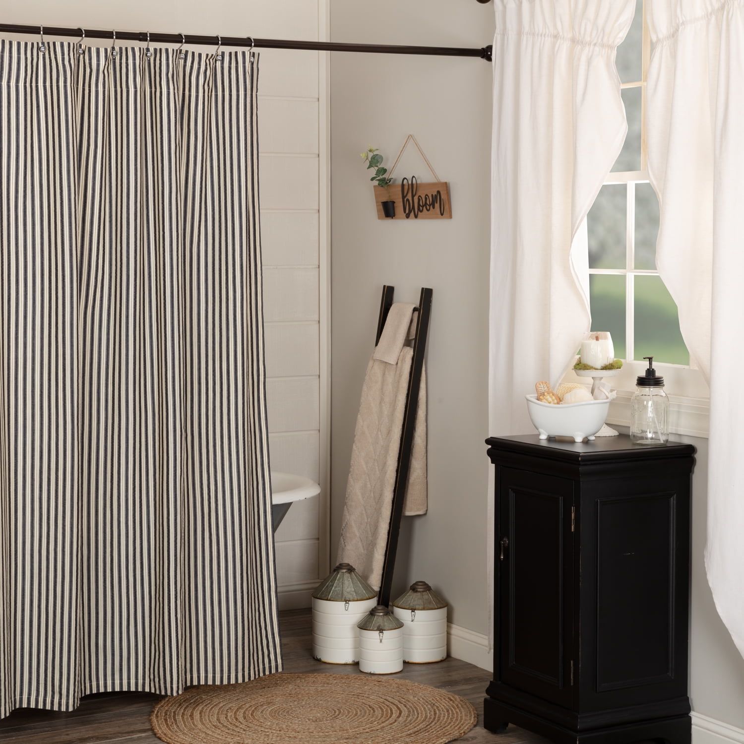 Ashmont Charcoal Gray and White Cotton Ticking Stripe Shower Curtain