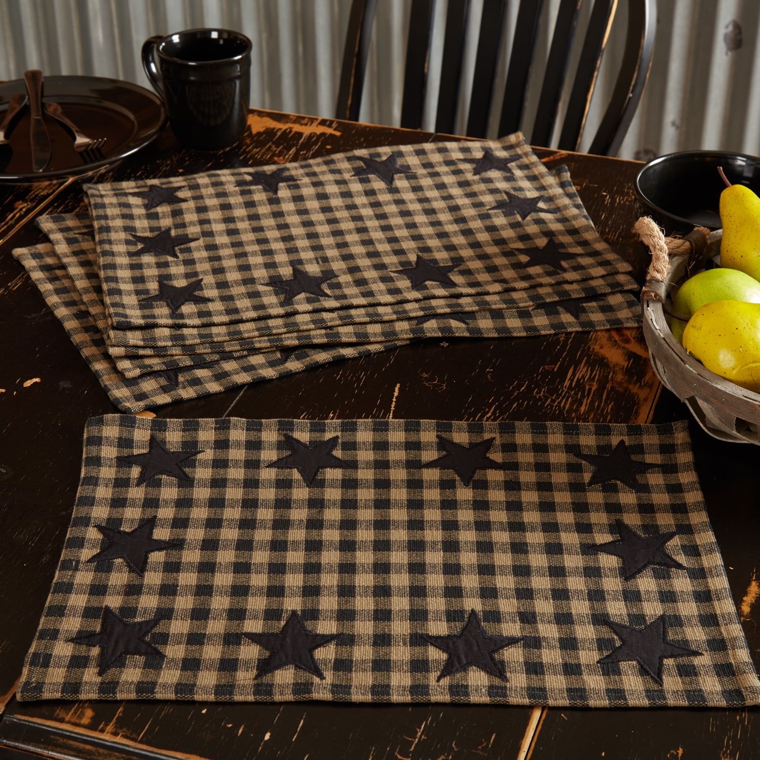 Black and Tan Cotton Buffalo Check Star Placemat Set of 6