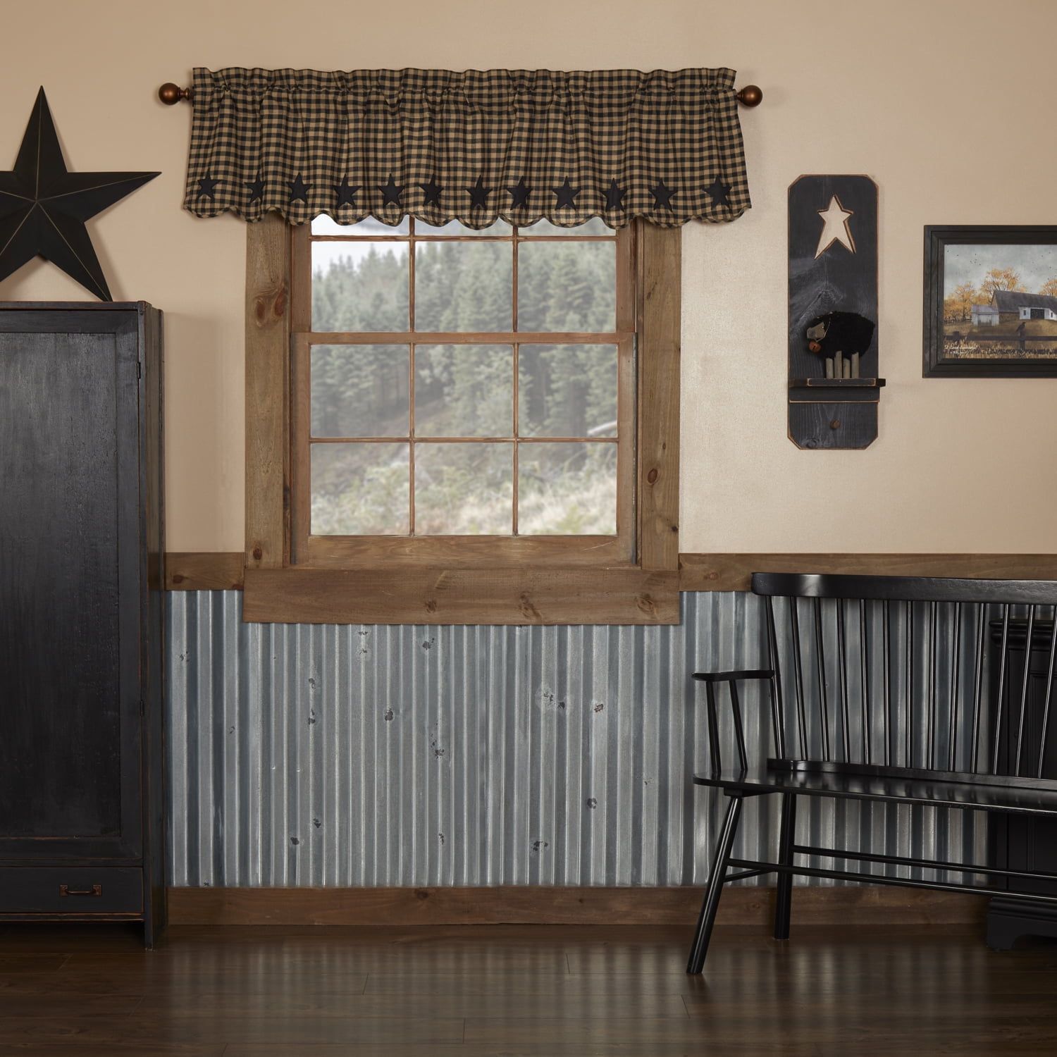 Black and Tan Cotton Scalloped Valance with Stars