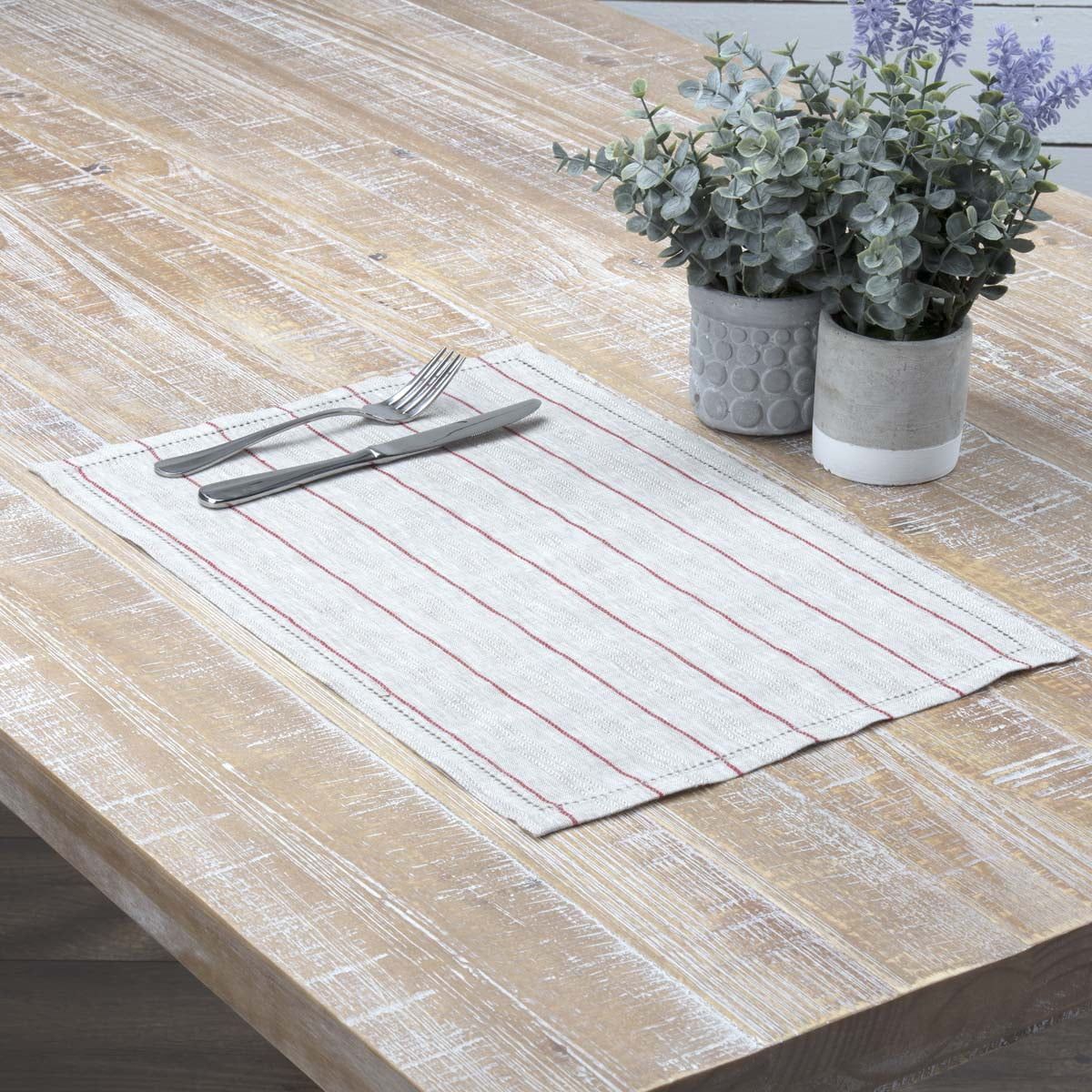 VHC Brands Charley Striped Linen Farmhouse Tabletop Kitchen Placemat Set of 6, Set 12x18, Red