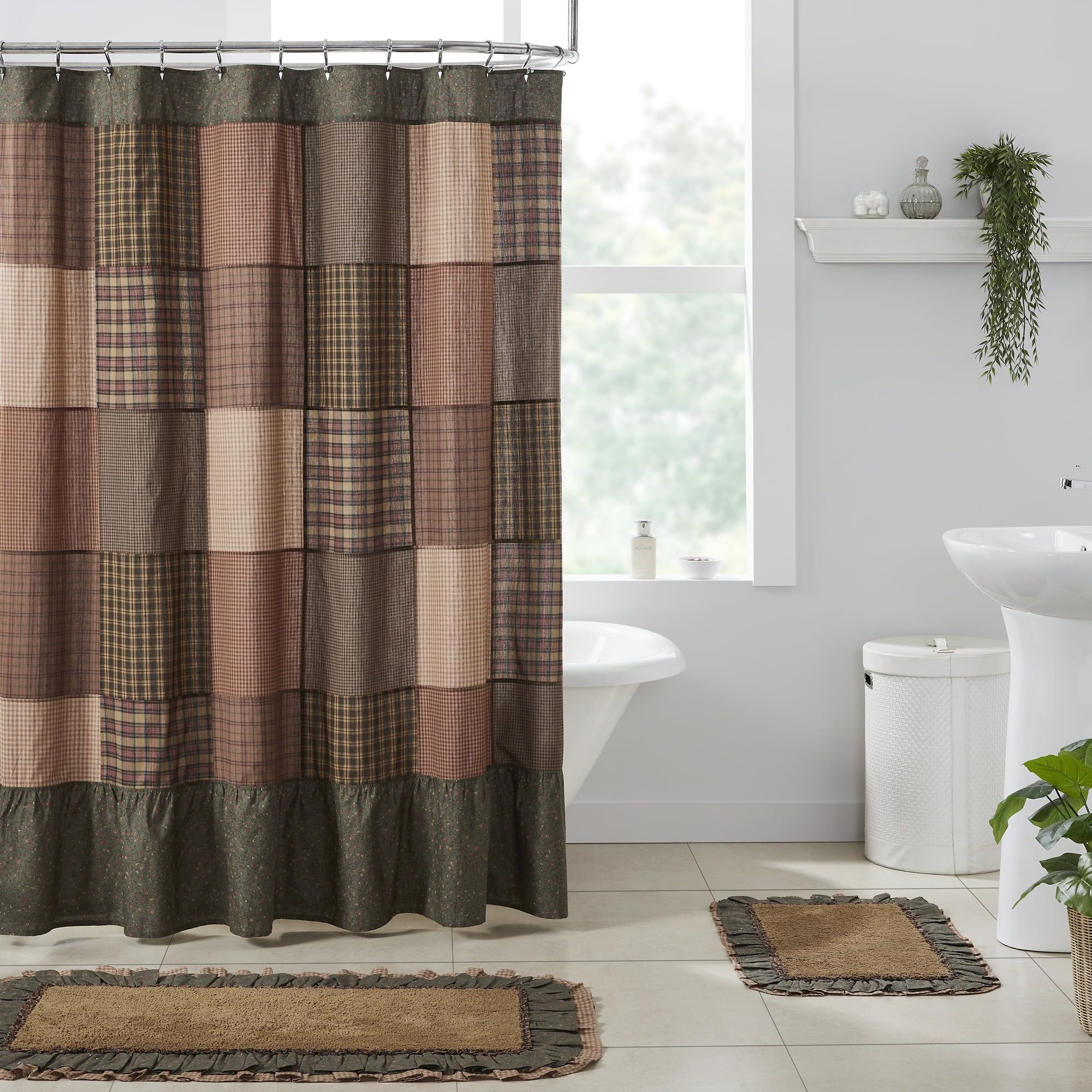 Crosswoods Patchwork Green and Brown Cotton Shower Curtain, 72x72