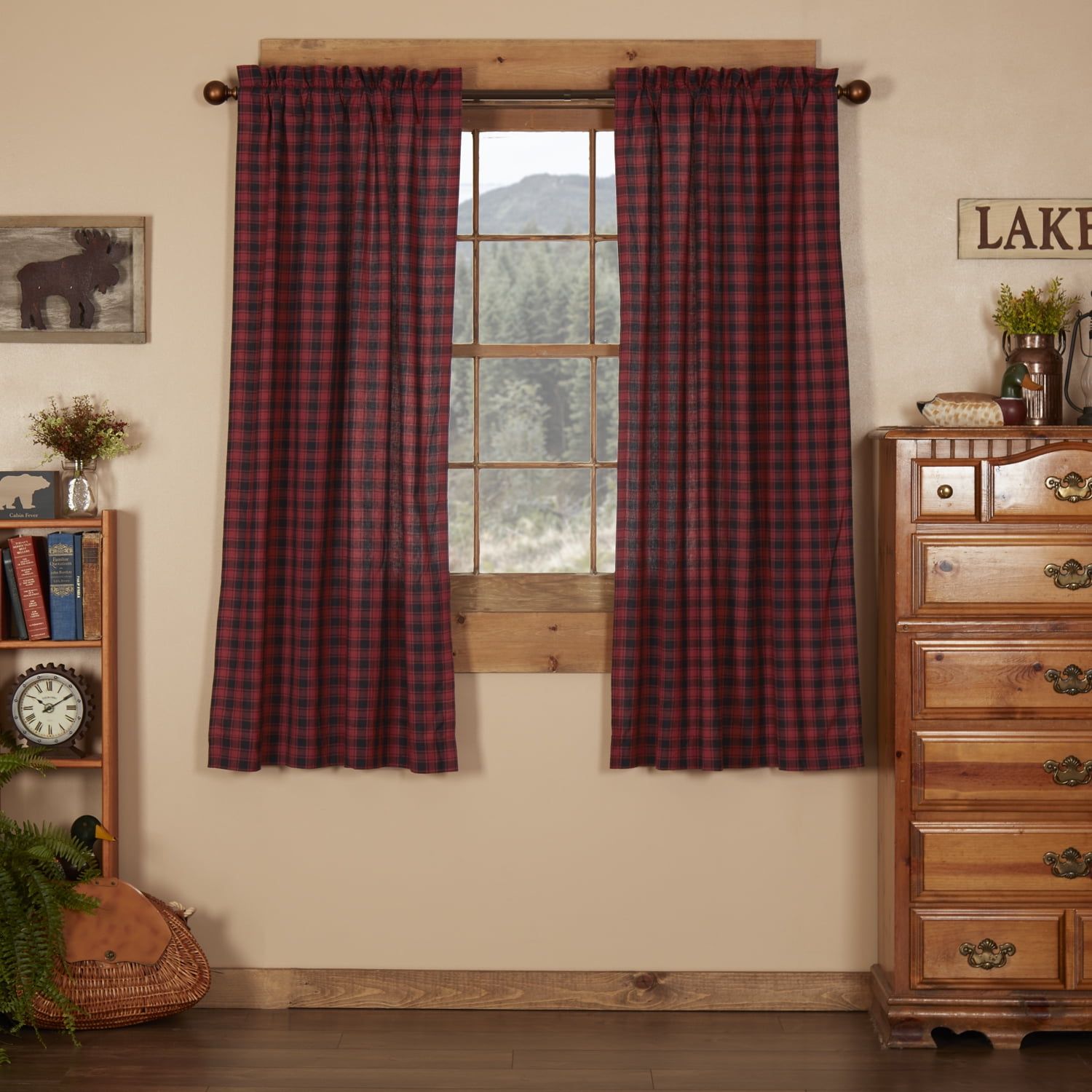 Deep Berry Cotton Plaid Rod Pocket Drapes, 63 x 36, 2-Piece Set