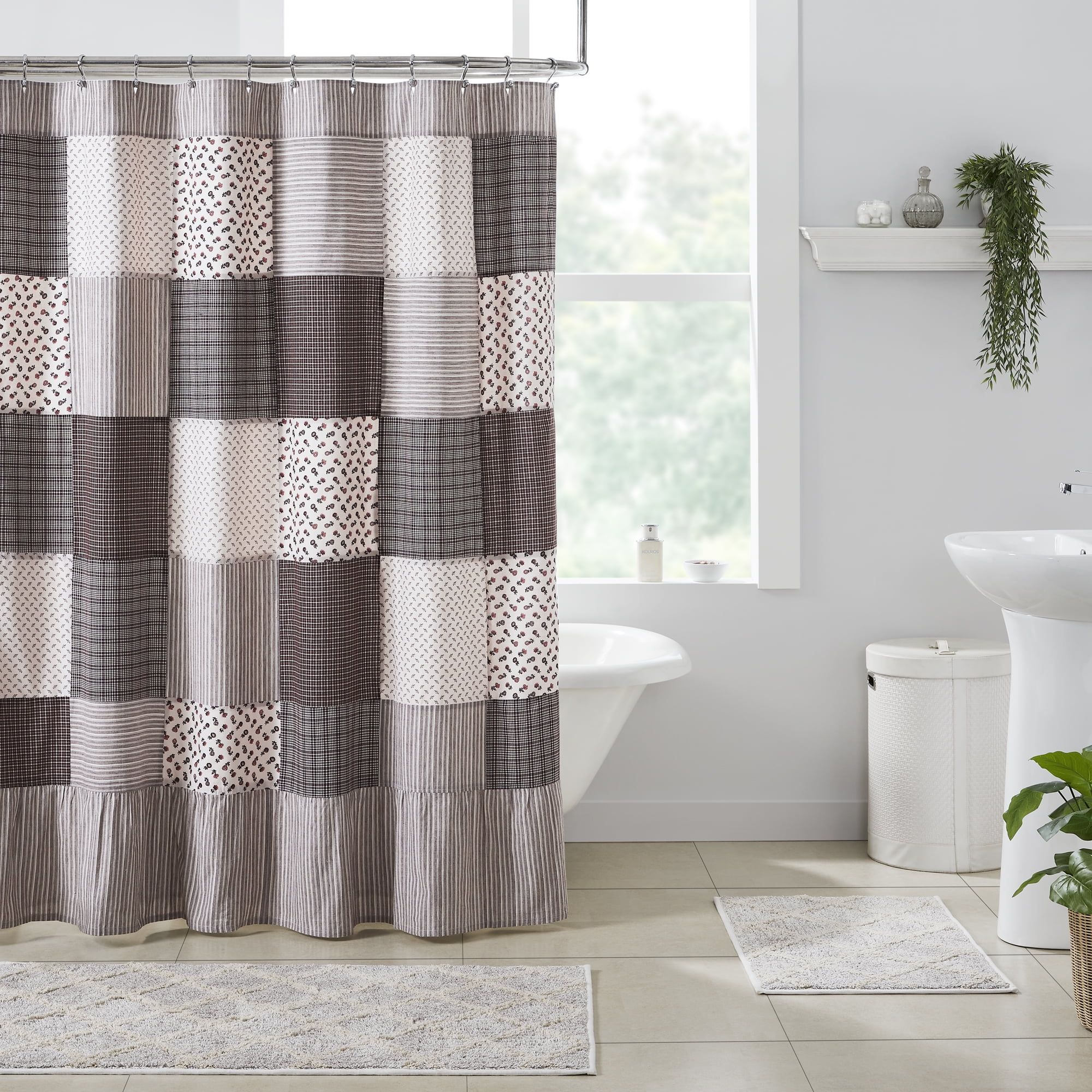 Florette Patchwork Brown and White Fabric Shower Curtain 72x72