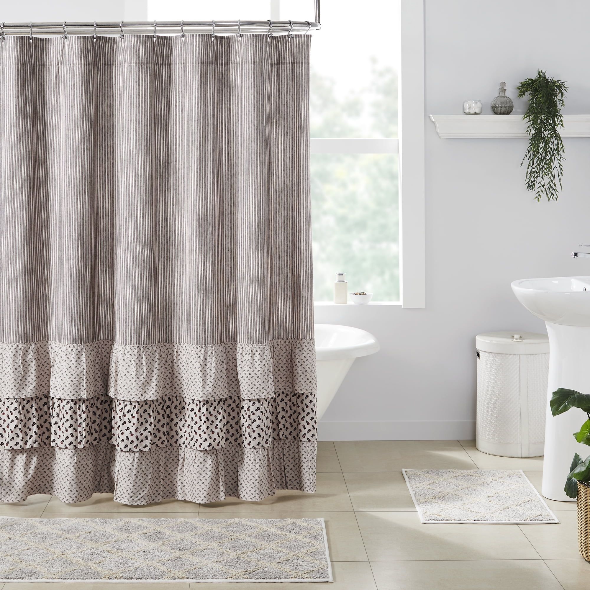 Florette Ruffled Warm White and Brown Cotton Shower Curtain