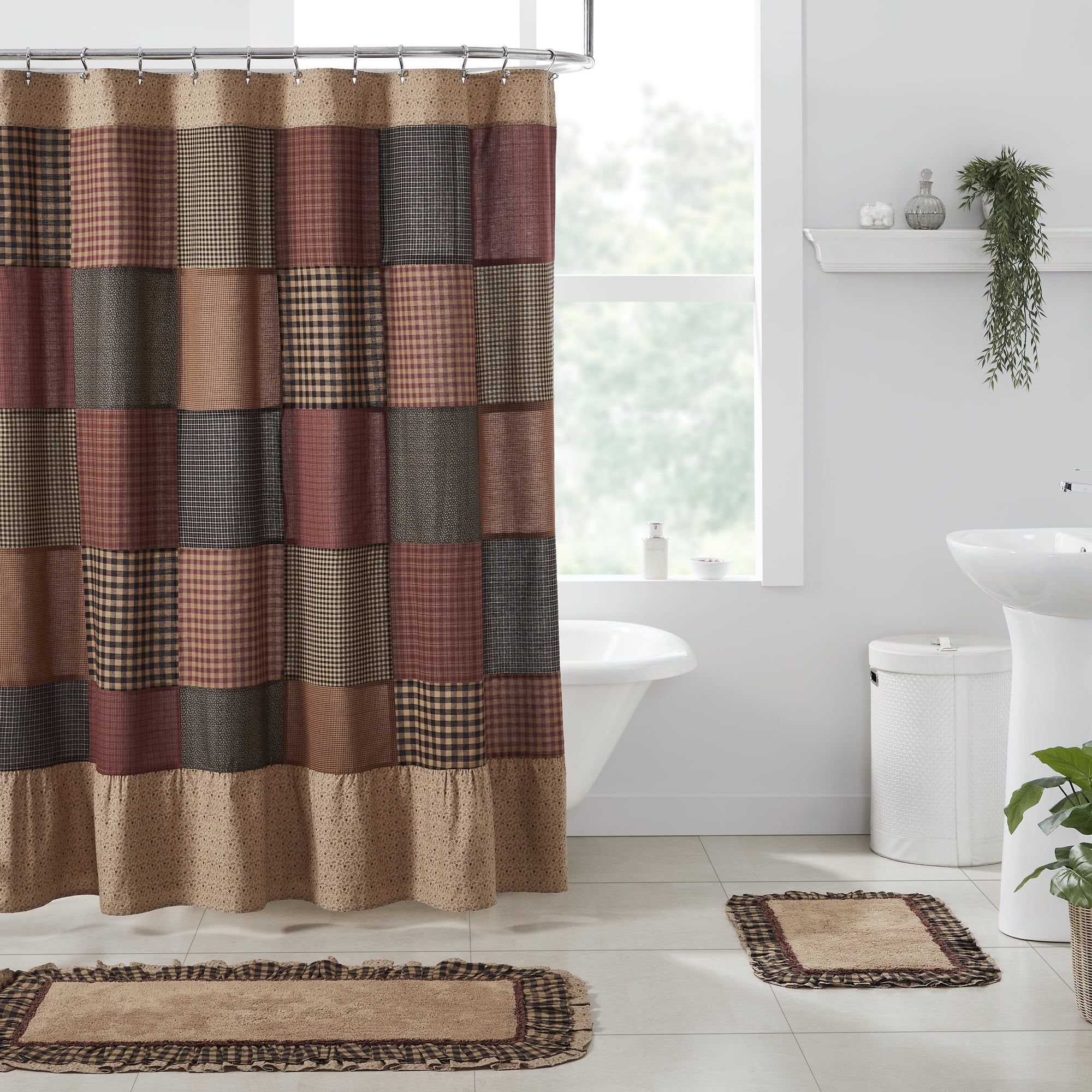 Maisie Patchwork Tan and Burgundy Cotton Shower Curtain 72x72