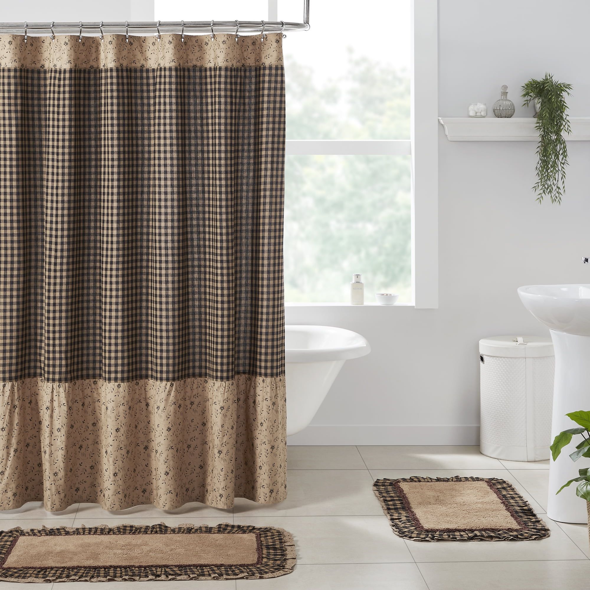 Tan and Black Ruffled Patchwork Fabric Shower Curtain