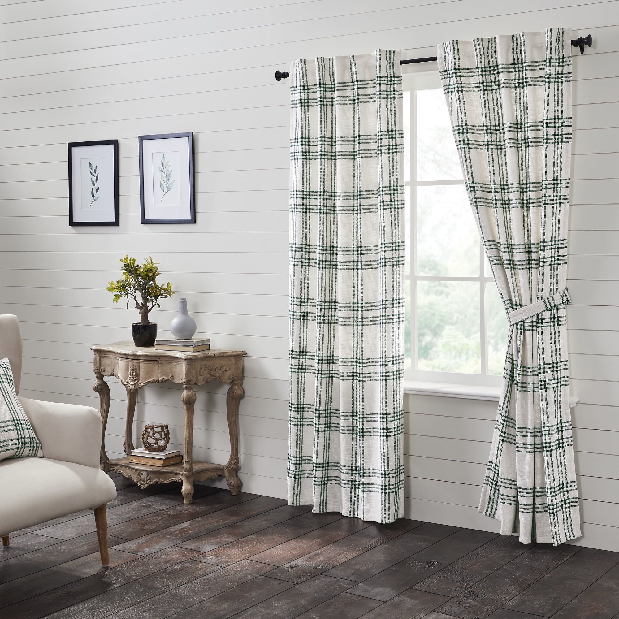 84-Inch White and Green Cotton Plaid Curtain Panel Pair