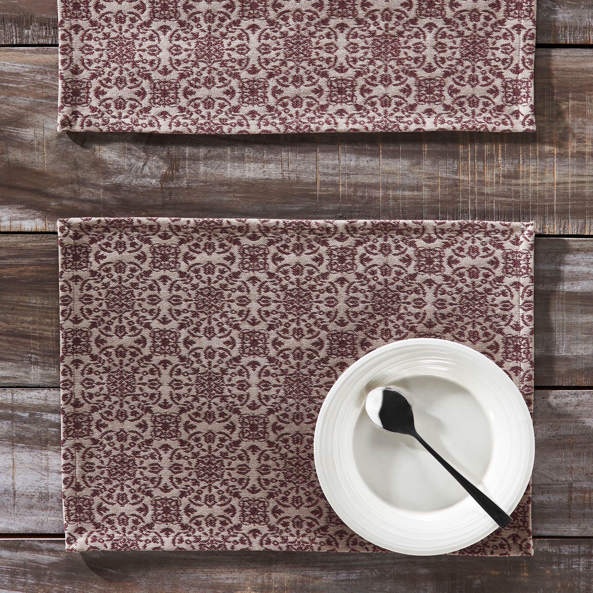 Burgundy Tan Jacquard Cotton Placemats Set of 2, 13x19