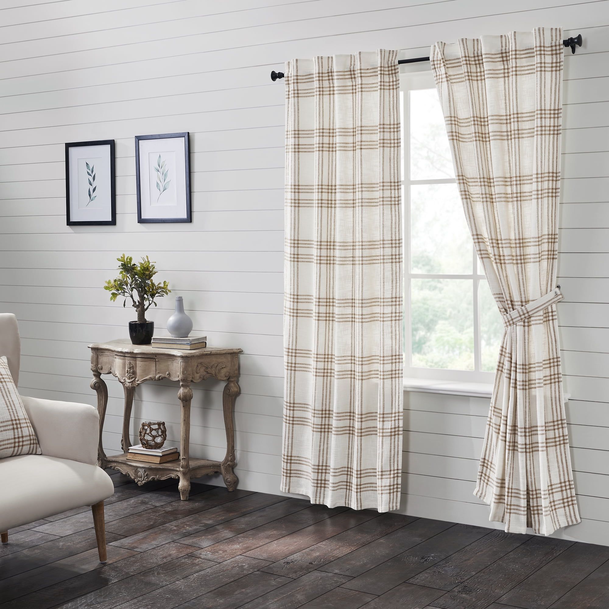 White and Tan Plaid Cotton Light-Filtering Curtain Panels, 84x40, Set of 2