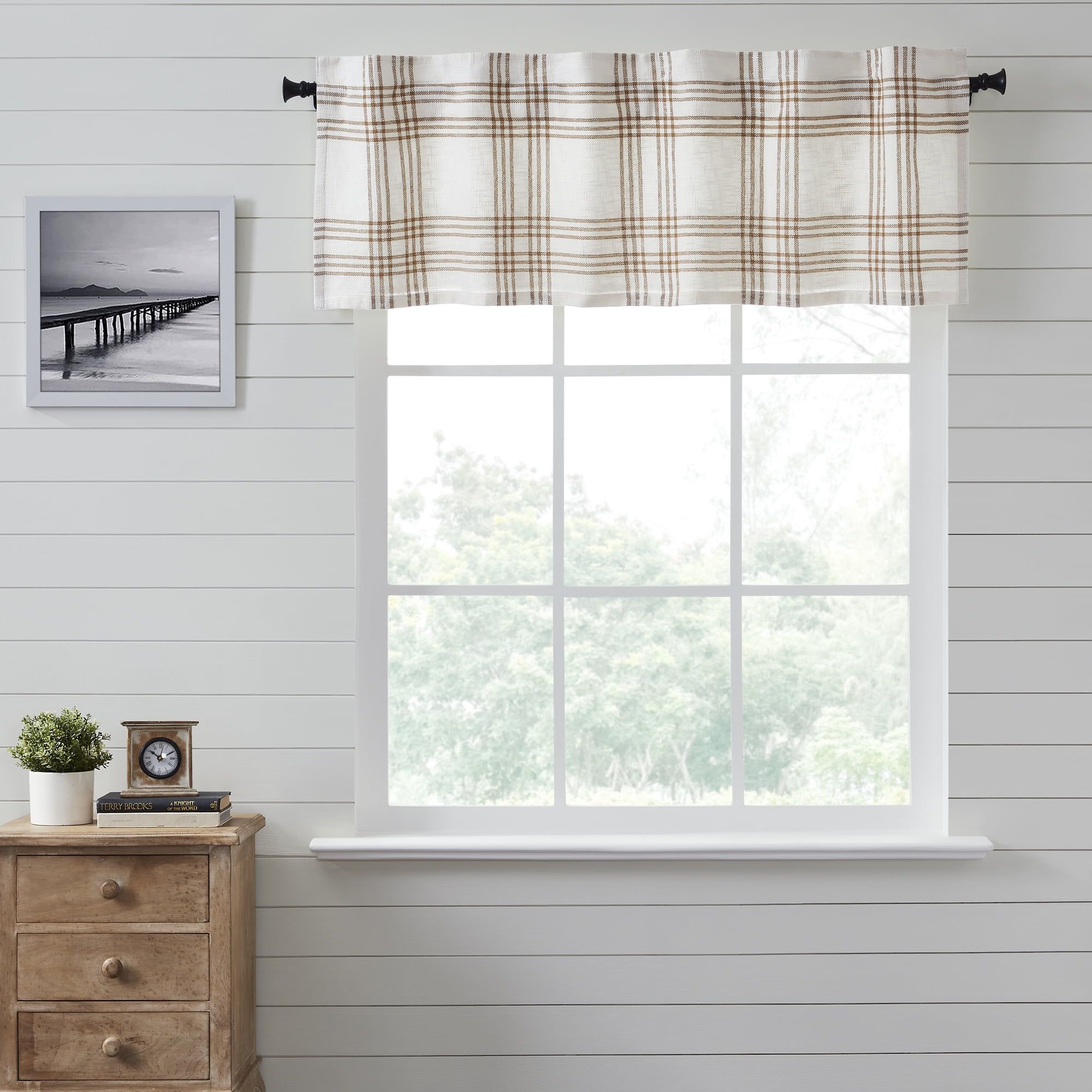 Golden Tan and Soft White Plaid Cotton Valance, 60" Width