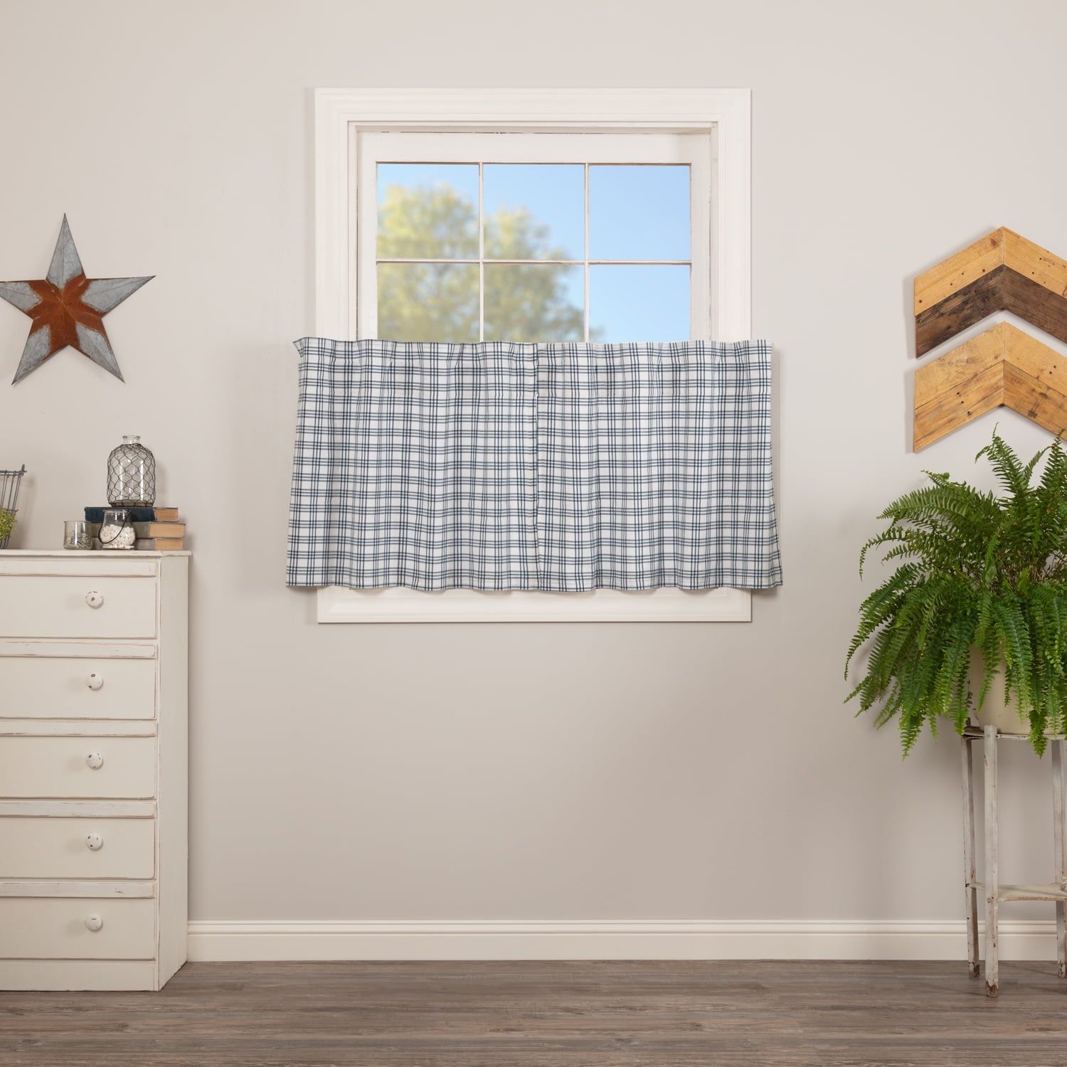 Blue Plaid Cotton 24x36 Tier Rod Pocket Curtains