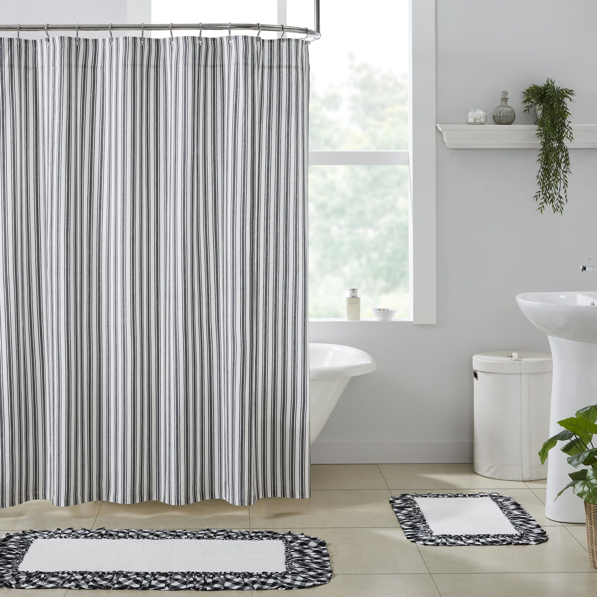 Sawyer Mill Black and White Ticking Stripe Fabric Shower Curtain 72x72