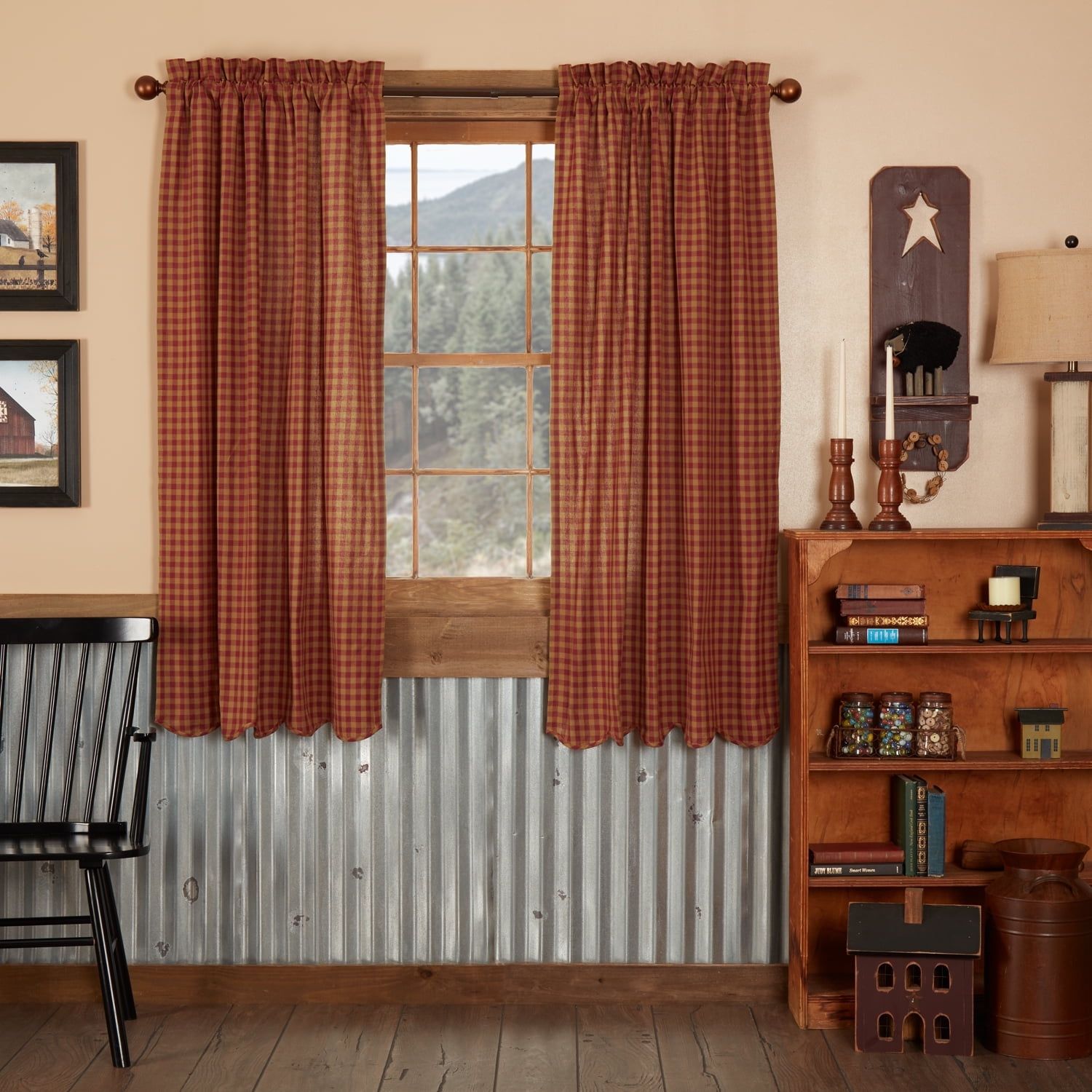 Burgundy Check Cotton Rod Pocket Window Panels with Tie Backs