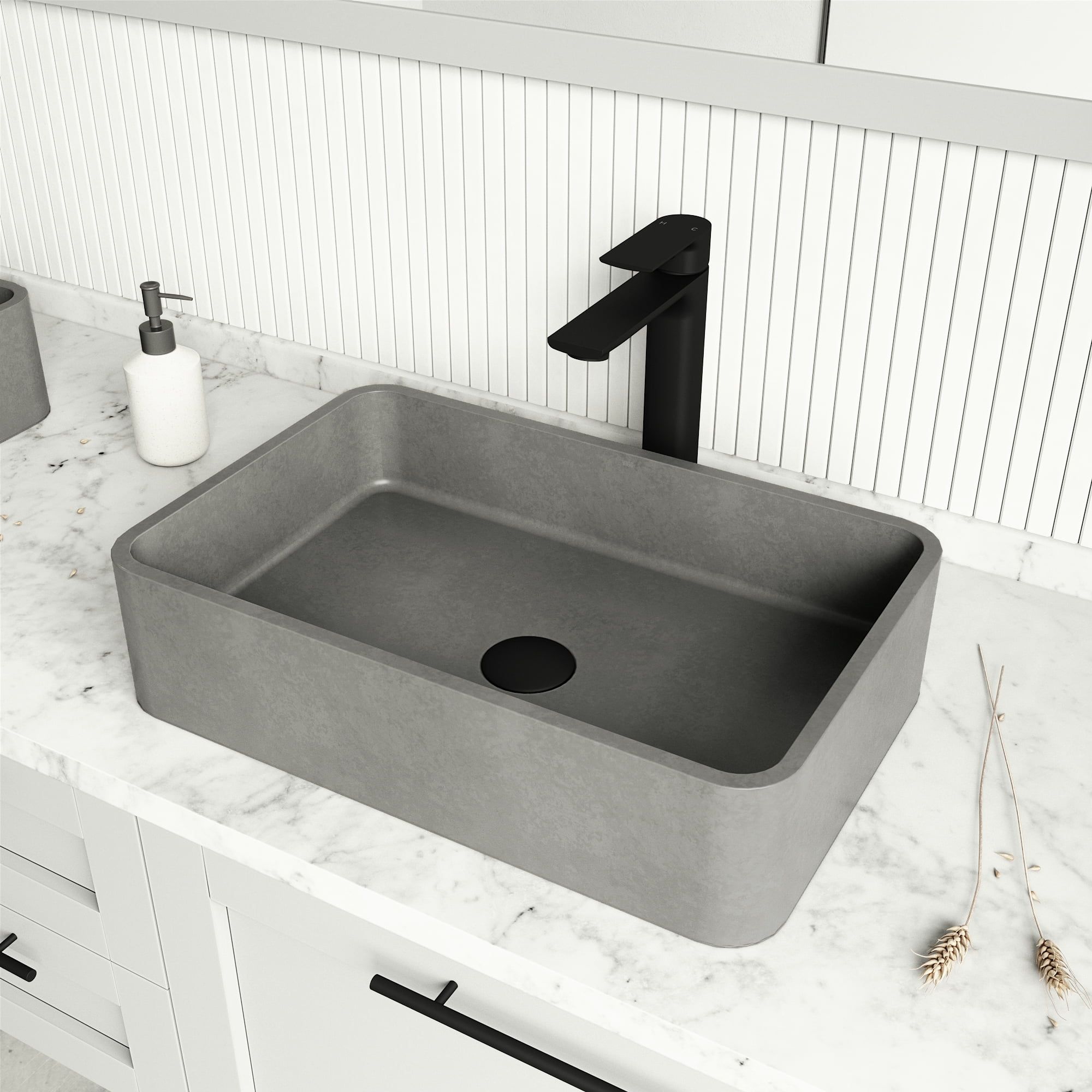 Gray Concrete Rectangular Vessel Sink with Matte Black Faucet