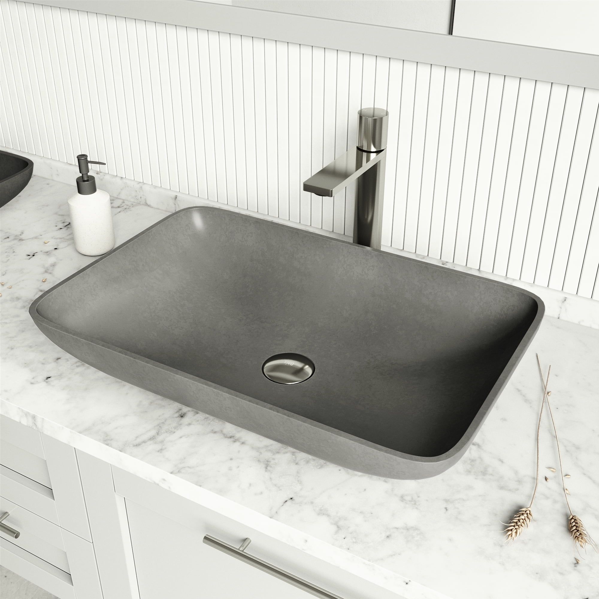 Concreto Stone 22" Cast Iron Rectangular Vessel Sink in Gray with Gotham Faucet